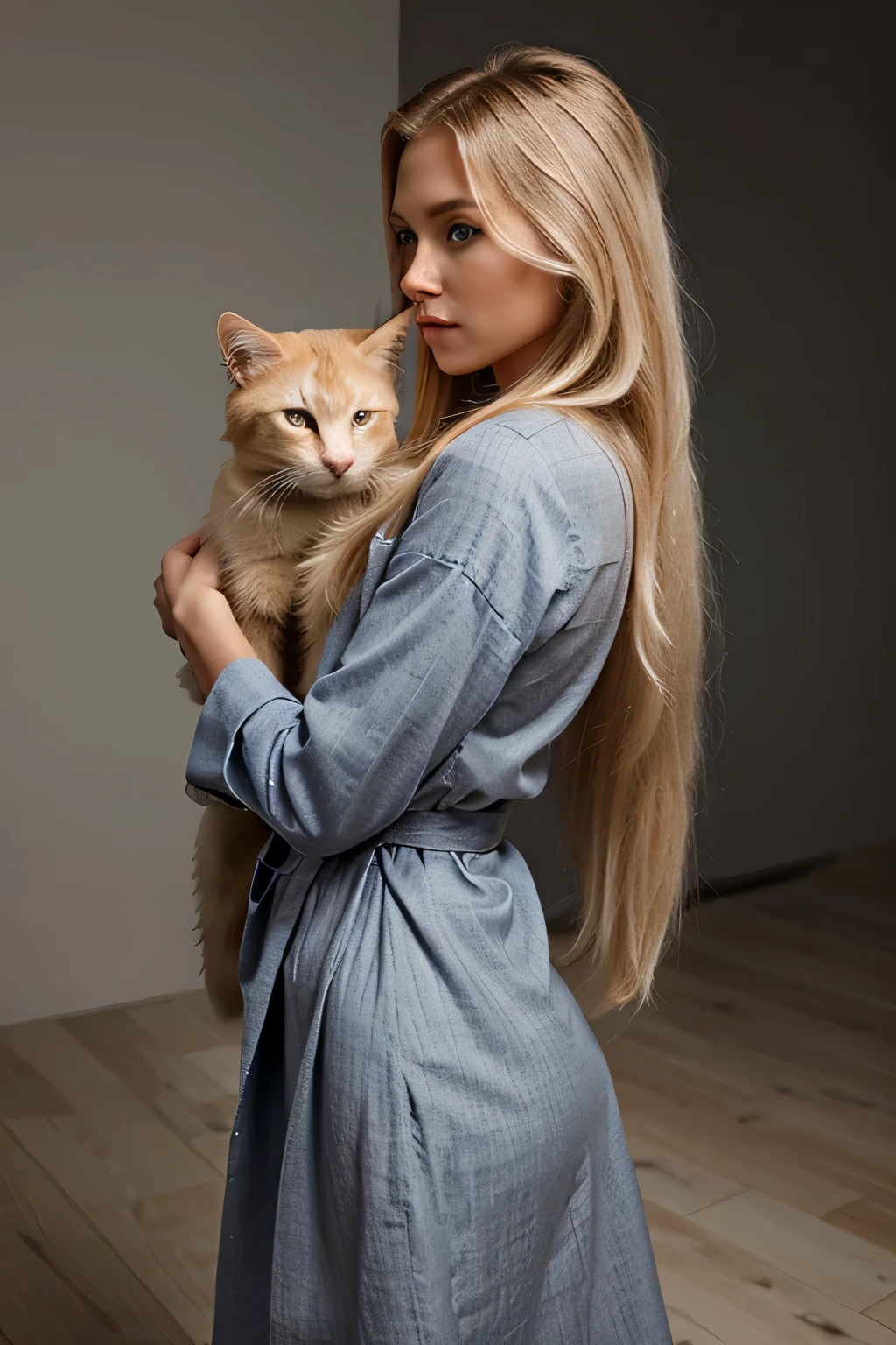 Iperrealistic blond fashion model, long hair, blue eyes, wearing sensual grey clothes, side view, lifting a cat