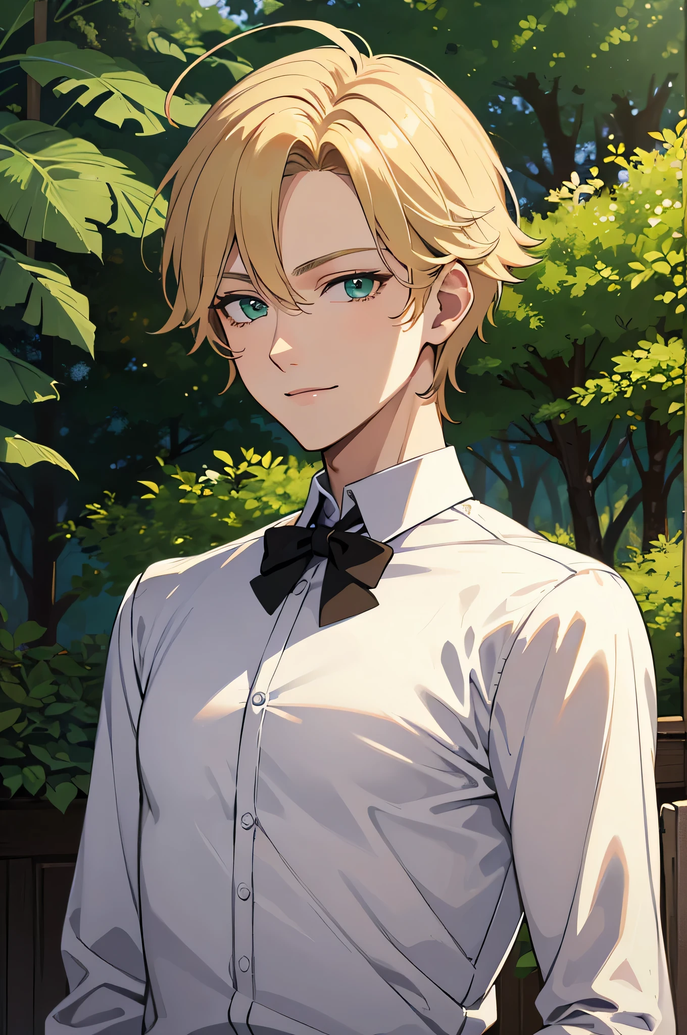 1 man, 20 years old, handsome, beautiful, princely, lean, slim, short blonde hair, green eyes, fair skin, tall, gentle smile, white shirt, facing camera, up close, sunny, forest.