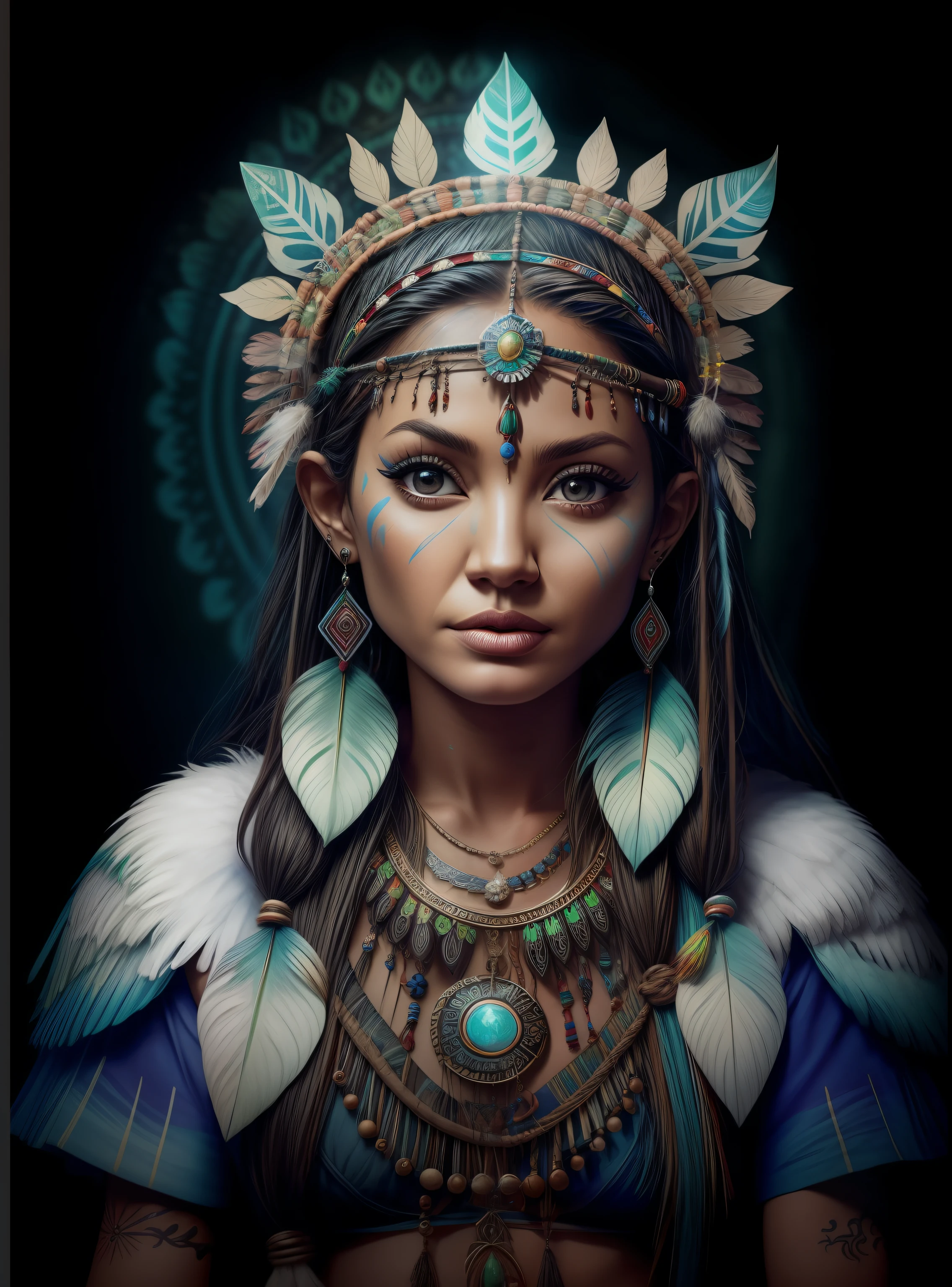 Woman in a feather headdress with feathers on her head,(((rosto pintado))), Retrato da princesa asteca, usando coroa de penas brilhantes,  com penas, beautiful young female shaman,rosto pintado,(((fluorescente))), she is dressed in shaman clothes, cocar emplumado,tatuagem do esterno, cocar ornamentado, a young female shaman, Angelina Jolie UHD, cocar, : native american shamen fantasy, cocar centralizado,rosto pintado,fluorescente, Polaroid