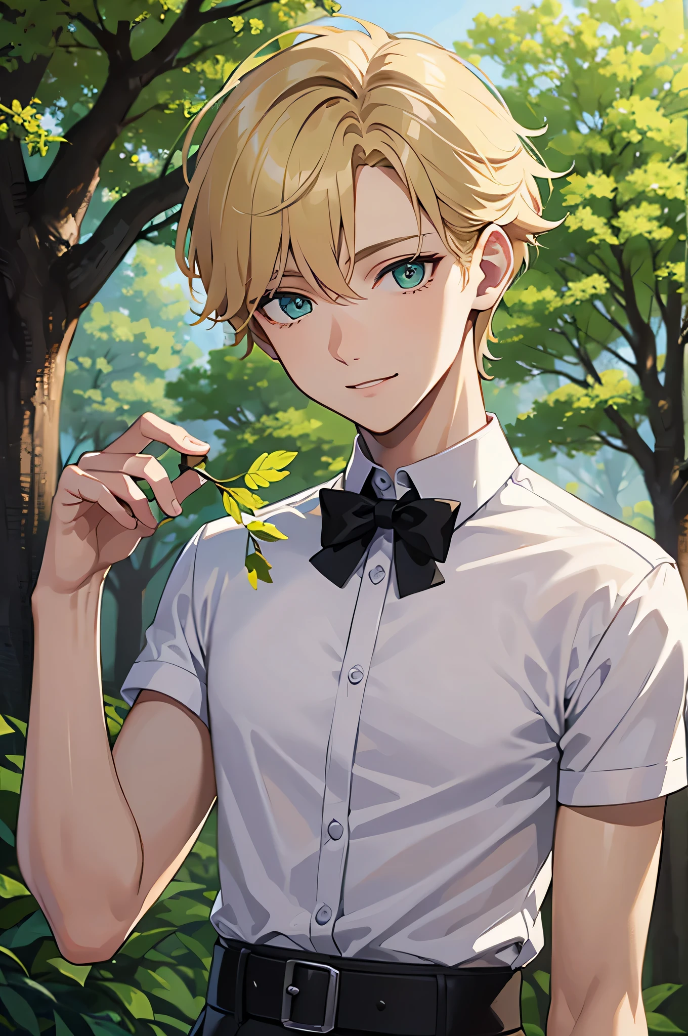 1 man, 20 years old, handsome, beautiful, princely, lean, slim, short blonde hair, green eyes, fair skin, tall, gentle smile, white shirt, facing camera, up close, sunny, forest.