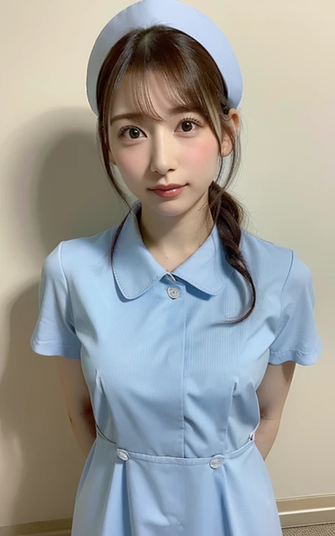 ((highest quality, 8K, debris flies: 1.3)), beauty, one japanese girl, nurse, whole body, perfect anatomy, Are standing, black hair, dull bangs, Lower ponytail, 20-year-old, face focus, detailed face, highly detailed lips, fine eyes, sweaty skin: 1.2, nurse uniform, light blue dress, nurse cap,((Her dress is a little unbuttoned、I can see my underwear。:1.4))、hospital room