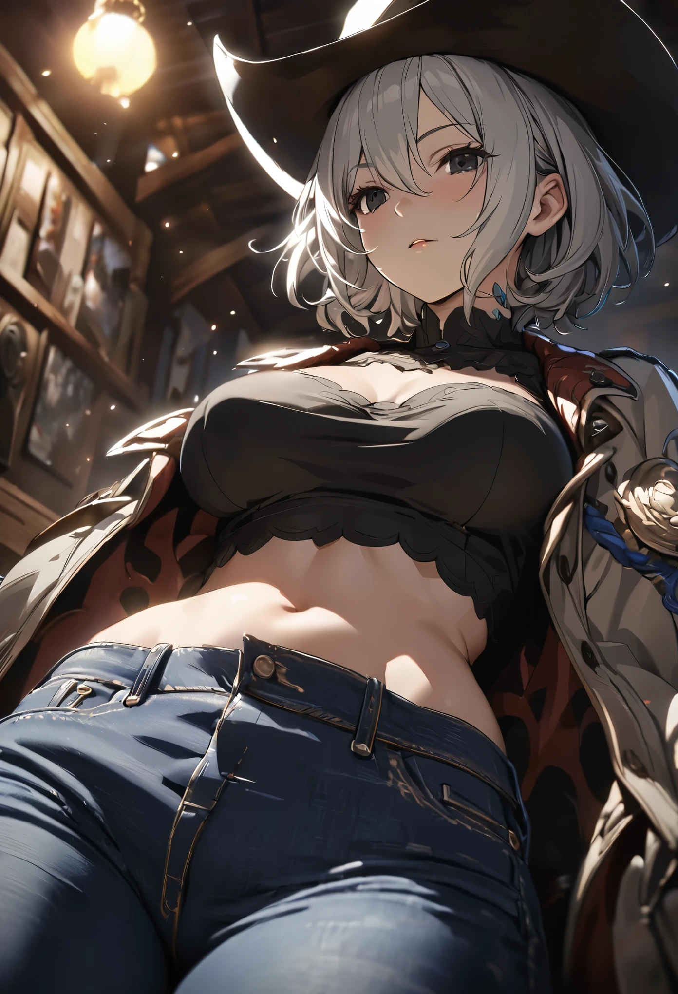 1girl, highres, sharp focus, pixiv masterpiece, ((intricate details)), highly detailed, one-eyed, grey hair, cat ears, red bandeau, muscular, green pants, the face of EvangelineLilly,