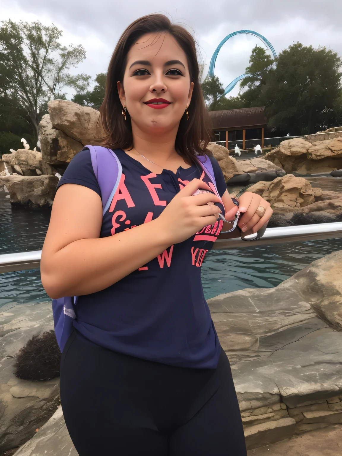 woman in blue shirt and black pants in front of a stone wall, very silly appearance, 35 year old woman, 30 year old woman from Cuba, vacation photo, 35 year old, mocking the camera, 40 year old woman, 30 year old woman years old, 30-year-old woman, taken at Sandra Zoo, city of Orlando (USA), at Seaworld Florida, (USA). A woman with white skin and dark hair. She is about 35 years old. Her slightly full and red lips are like a delicate flower, her dark brown, large and charming eyes seem to contain a world of wonders. Slim body. Thin waist. Her body exudes glamor and her face is the definition of beauty. Test, highly realistic, reddish skin, beautiful, slightly full lips, red lipstick, smiling, feeling of lightness and joy, hyper-realism, very elaborate skin, direct look. Full body photo, clear photo, high quality, high resolution, masterpiece, 8K.