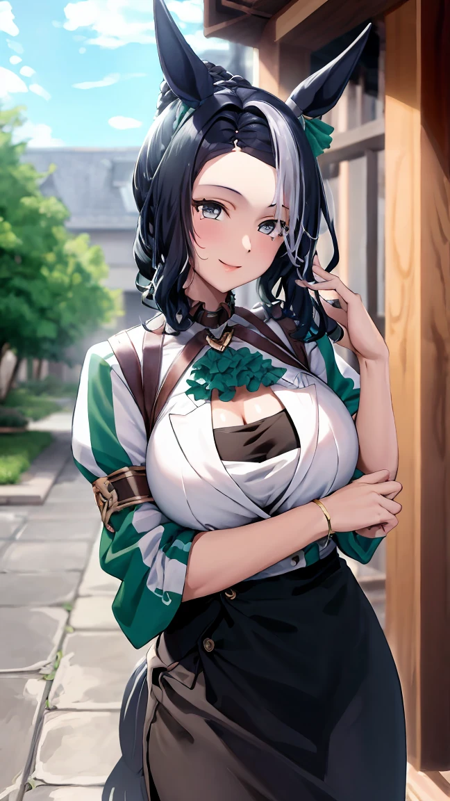 highest quality,masterpiece,High resolution,CG 8k ,super detailed images,pretty girl,one person,mejiro ramonu,horse ears,horse tail,white and green clothing,black skirt,smile,