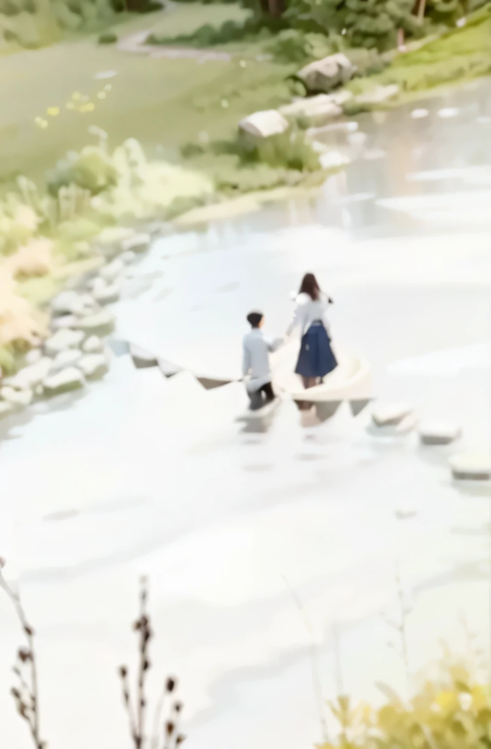 A scene where a boy and a girl cross a rock next to a stream where cherry blossoms are in full bloom in the mountains..,(boy:1.2),(girl:1.2),(rock:1.2),A girl standing in the middle of a stream and holding a boy’s hand,The boy deliberately fell into the water and crossed next to the girl, holding her hand.,crossing the stream.The city hall car is visible from above.
