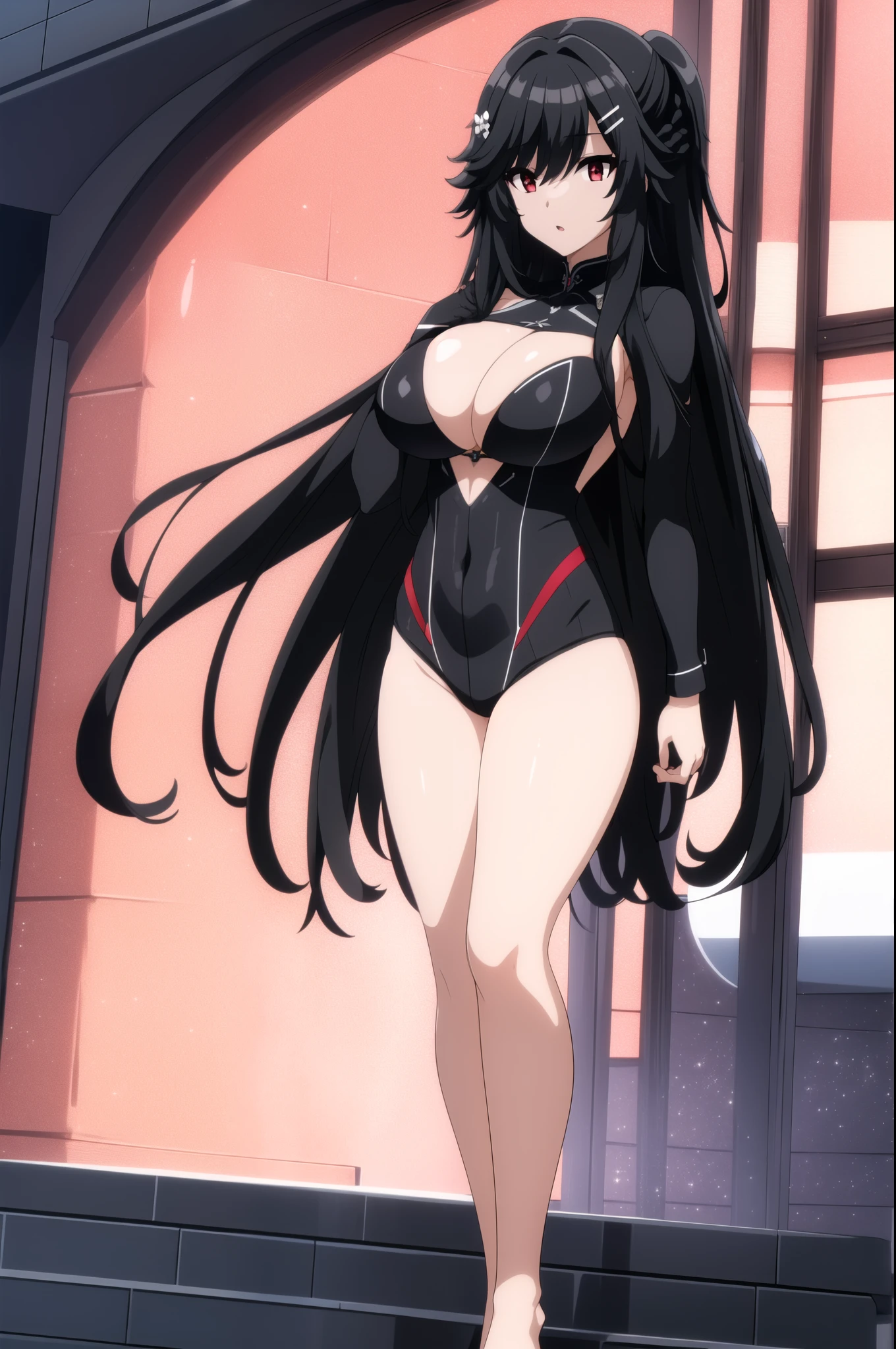 (masterpiece:1.0),(best_quality:1.0), ultra high res,4K,ultra-detailed, photography, 8K, HDR,bangs, black hair,hair ornament, hairclip, long hair, red eyes,large breast,narrow waist,black suit,full body
