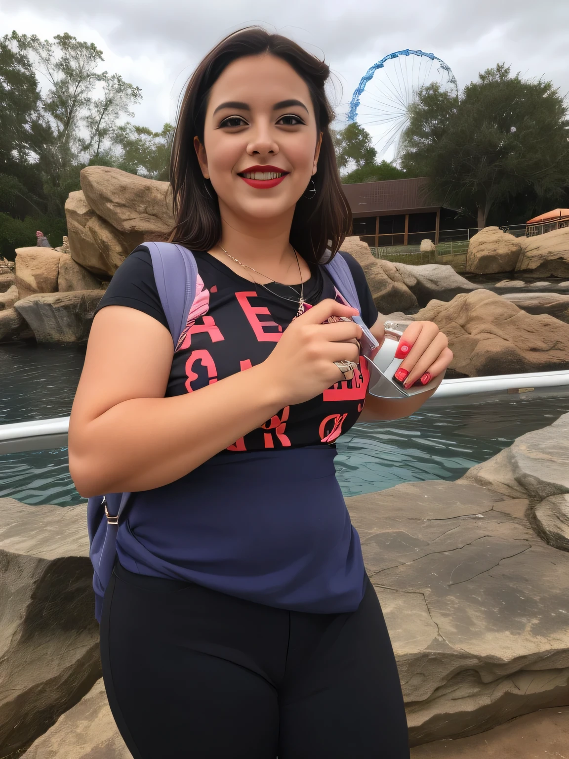 woman in blue shirt and black pants in front of a stone wall, very silly appearance, 35 year old woman, 30 year old woman from Cuba, vacation photo, 35 year old, mocking the camera, 40 year old woman, 30 year old woman years old, 30-year-old woman, taken at Sandra Zoo, city of Orlando (USA), at Seaworld Florida, (USA). A woman with white skin and dark hair. She is about 35 years old. Her slightly full and red lips are like a delicate flower, her dark brown, large and charming eyes seem to contain a world of wonders. Slim body. Thin waist. Her body exudes glamor and her face is the definition of beauty. Test, highly realistic, reddish skin, beautiful, slightly full lips, red lipstick, smiling, feeling of lightness and joy, hyper-realism, very elaborate skin, direct look. Full body photo, clear photo, high quality, high resolution, masterpiece, 8K.