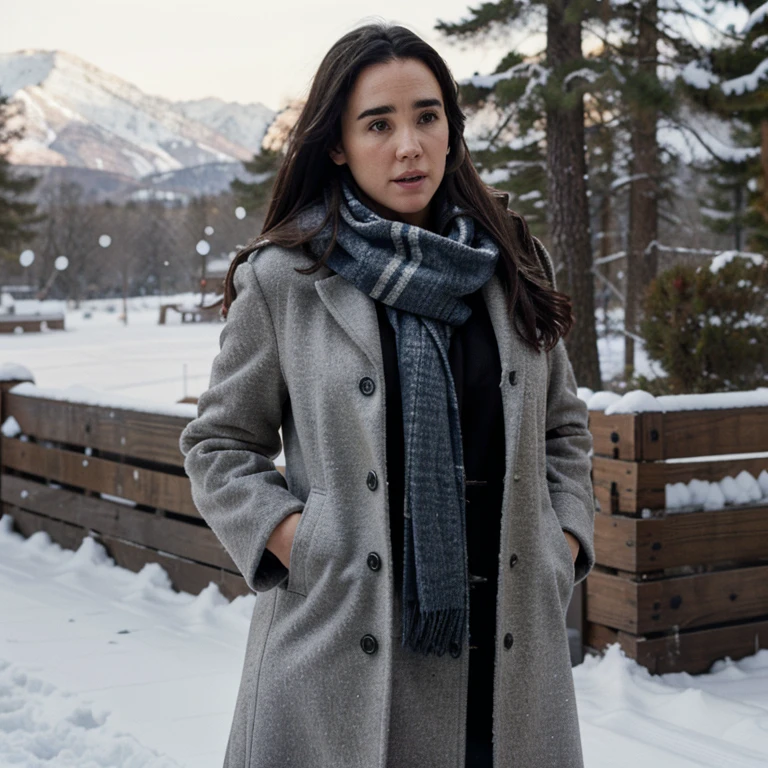 Jennifer Connelly in the snow wearing a coat and scarf