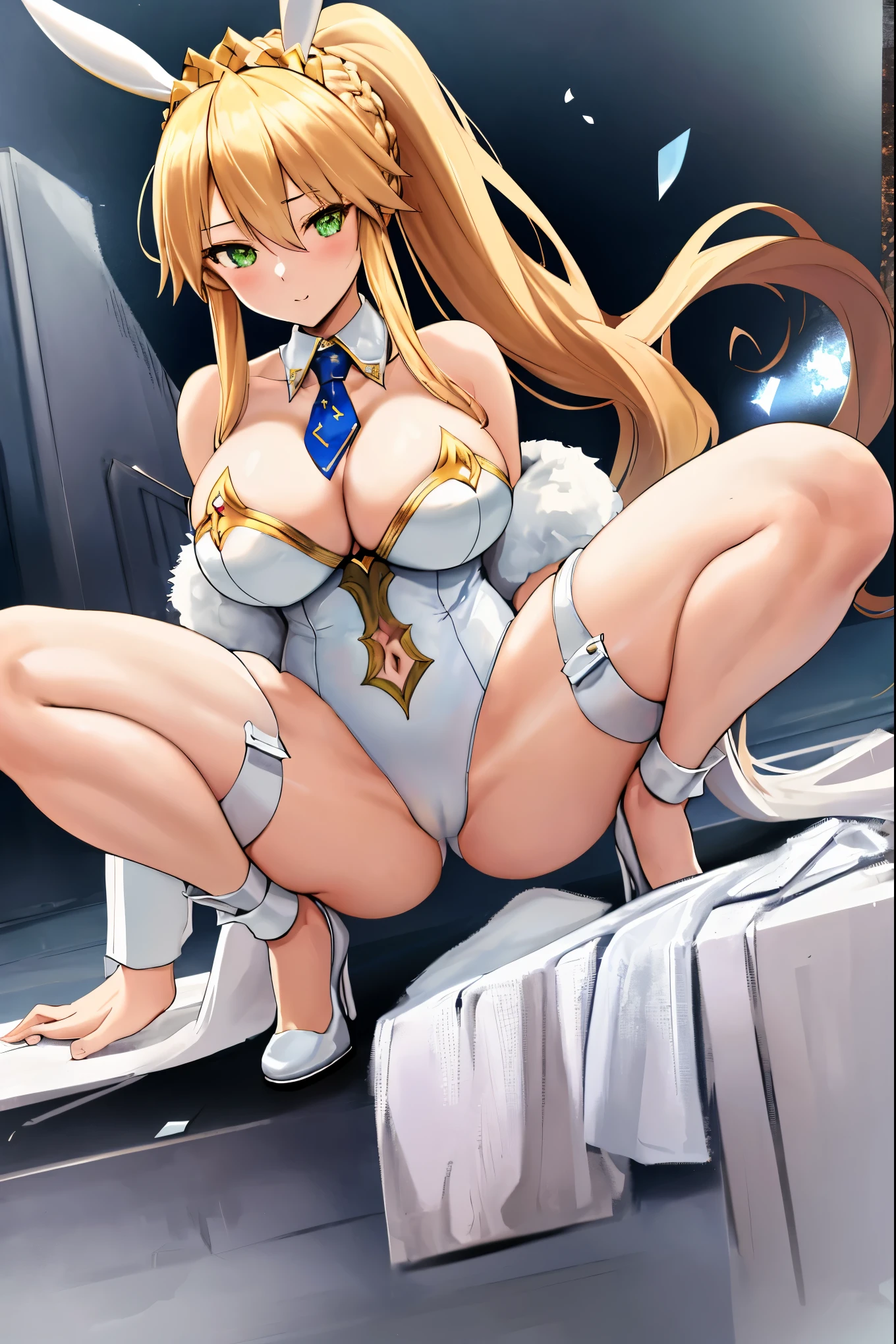 masterpiece, best quality, absurdres, looking at viewer, (light_smile:0.6),
1girl, ahoge, rabbit ears, playboy bunny, artoria pendragon \(swimsuit ruler\) \(fate\), large breasts , blonde hair, green eyes, french braid,  pony tail
bare shoulders, large breasts , cleavage,
clothing cut out, wrist cuffs, detached collar, cutout, feather boa,
white leotard, blue necktie, blue pantyhose, single thigh strap, hands_above_head,(squat:1.3),(spread_legs:1.3),rabbit_pose,solo,stretch_fingertips