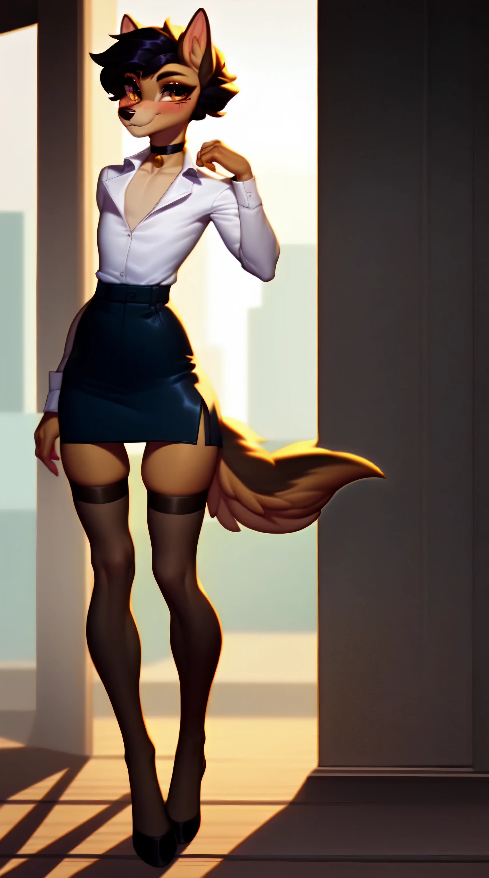 (score_9), (source_ derpibooru_p_95), ((cute middle age anthro domestic canine :1.1)), blushing, seductive cute smile , (solo), dark short hair, anatomically correct, flat chest , high res, extremely detailed, absolutely stunning, ribs, hip bones, stockings, absurd resolution, extremely skinny waist , very thin legs, furry, choker, white blouse, skirt, teacher, thigh gap, thin body, skinny,
