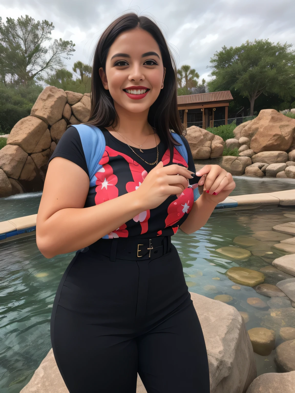 woman in blue shirt and black pants in front of a stone wall, very silly appearance, 35 year old woman, 30 year old woman from Cuba, vacation photo, 35 year old, mocking the camera, 40 year old woman, 30 year old woman years old, 30-year-old woman, taken at Sandra Zoo, city of Orlando (USA), at Seaworld Florida, (USA). A woman with white skin and dark hair. She is about 35 years old. Her slightly full and red lips are like a delicate flower, her dark brown, large and charming eyes seem to contain a world of wonders. Slim body. Thin waist. Her body exudes glamor and her face is the definition of beauty. Test, highly realistic, reddish skin, beautiful, slightly full lips, red lipstick, smiling, feeling of lightness and joy, hyper-realism, very elaborate skin, direct look. Full body photo, clear photo, high quality, high resolution, masterpiece, 8K.
