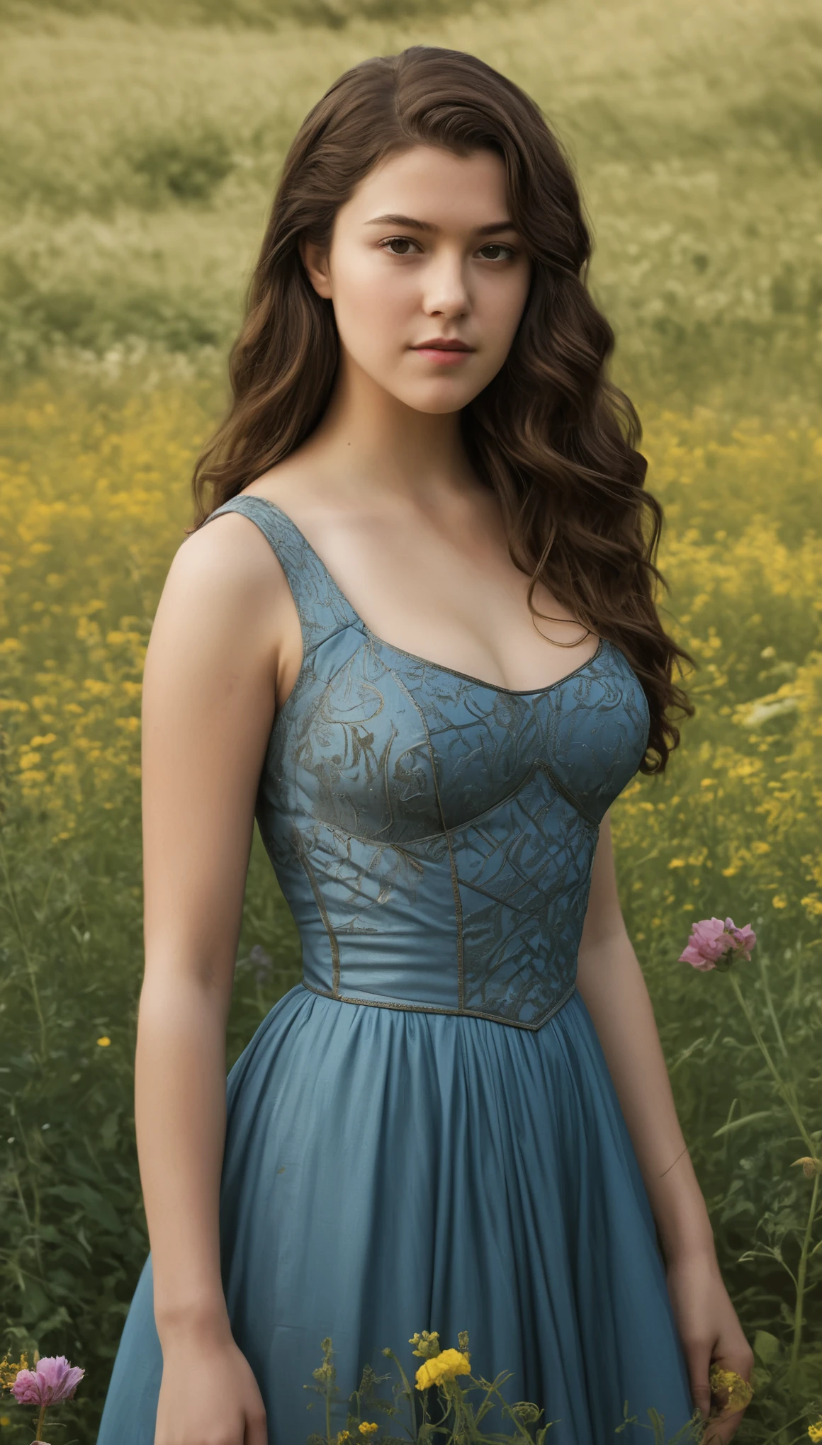 An illustrated movie poster, hand-drawn, full color, a Westerosi  girl, wearing a long regal dress, resembles Mary Elizabeth Winstead, sun-tanned complexion, tall, athletic, hourglass figure, toned midriff, bottom-heavy, generous hips, massive bubble-butt, ridiculously thick powerful thighs, dark hair, long hair, waist-length hair, posing in a field of wildflowers, hard shadows, graphite shading, stencil marks, airbrushed acrylic paint, masterpiece, in the style of Game of Thrones 