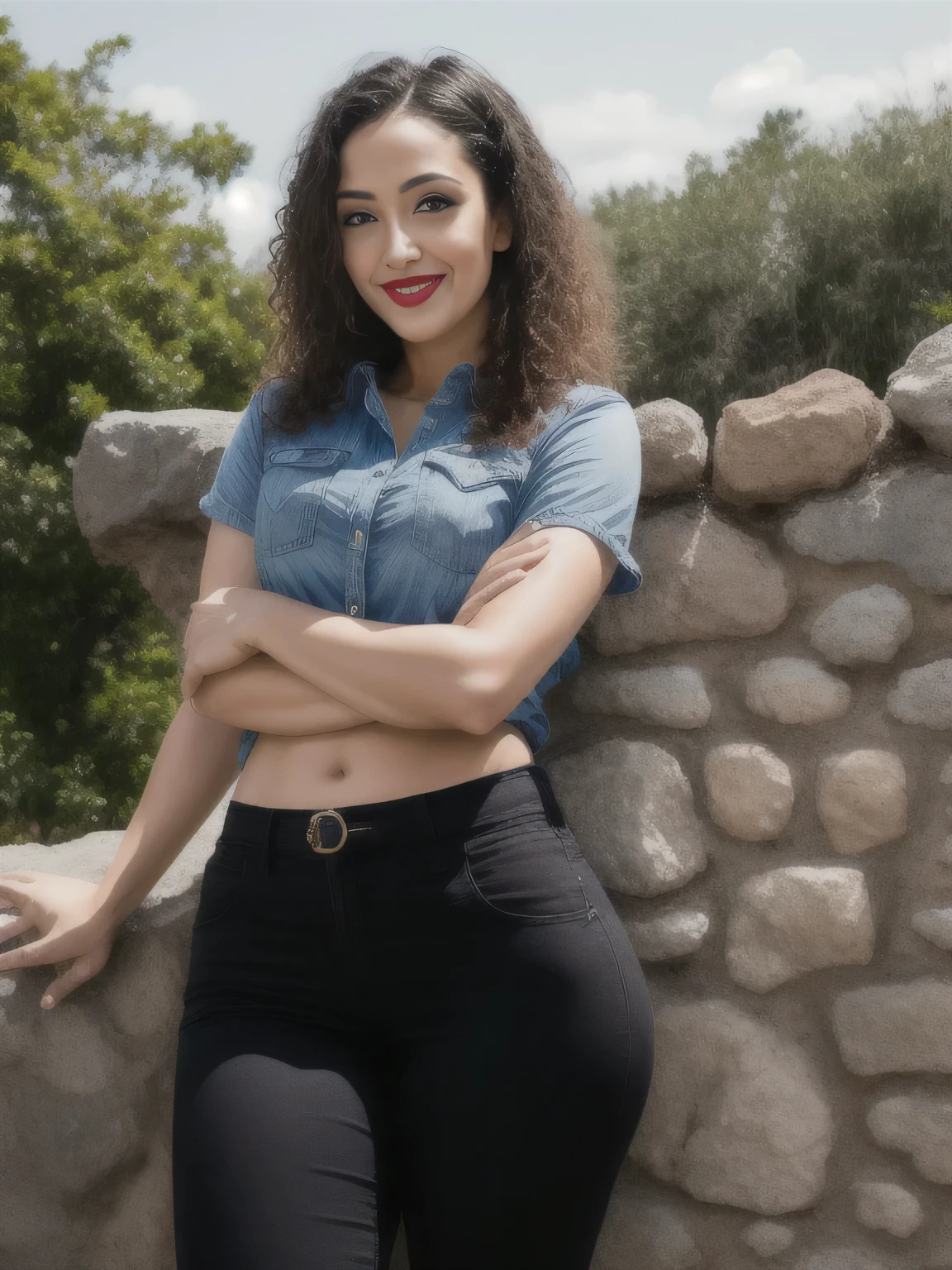 woman in blue shirt and black pants in front of a stone wall, very silly appearance, 35 year old woman, 30 year old woman from Cuba, vacation photo, 35 year old, mocking the camera, 40 year old woman, 30 year old woman years old, 30-year-old woman, taken at Sandra Zoo, city of Orlando (USA), at Seaworld Florida, (USA). A woman with white skin and dark hair. She is about 35 years old. Her slightly full and red lips are like a delicate flower, her dark brown, large and charming eyes seem to contain a world of wonders. Slim body. Thin waist. Her body exudes glamor and her face is the definition of beauty. Test, highly realistic, reddish skin, beautiful, slightly full lips, red lipstick, smiling, feeling of lightness and joy, hyper-realism, very elaborate skin, direct look. Full body photo, clear photo, high quality, high resolution, masterpiece, 8K.