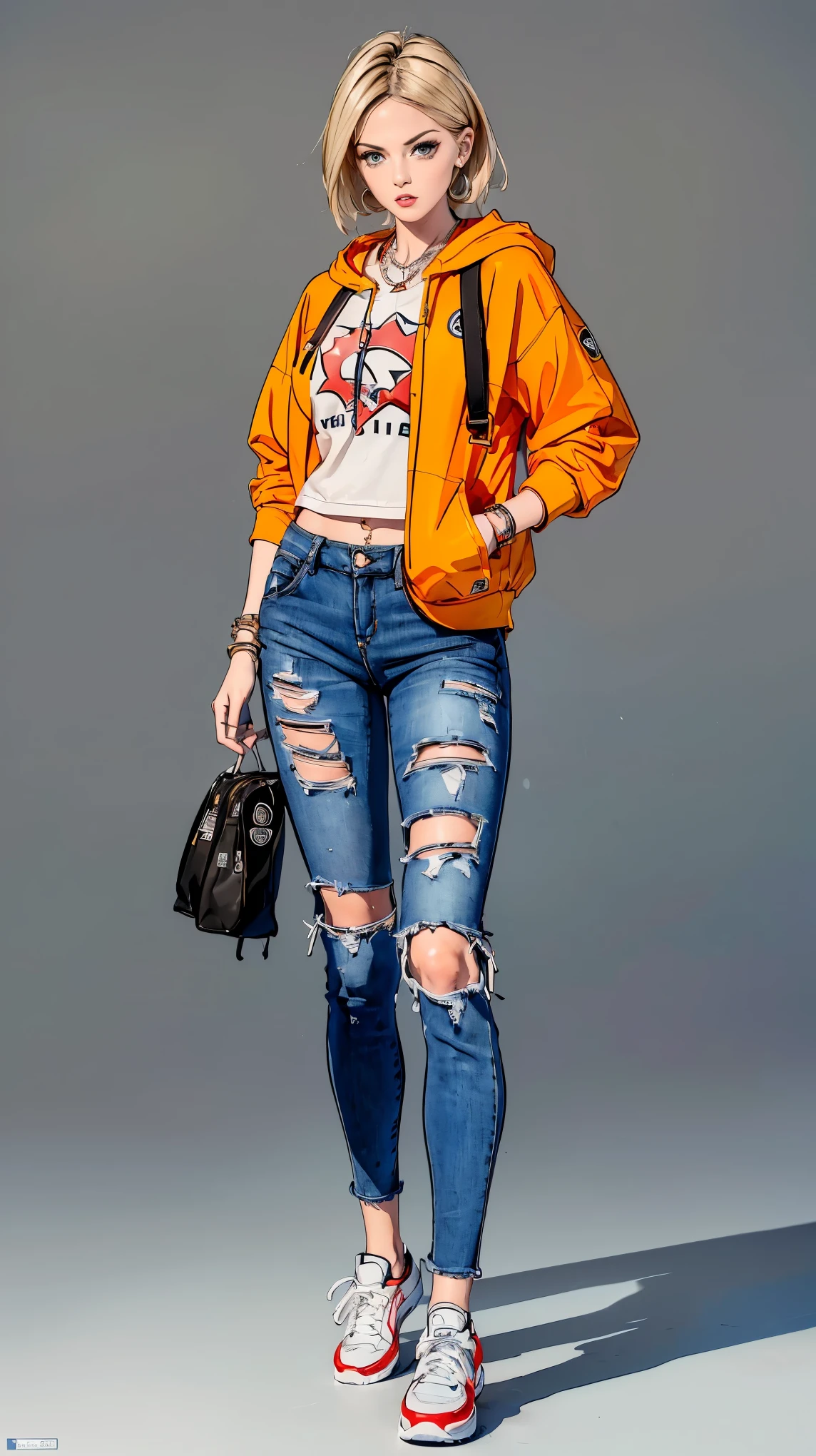 ((best quality,4k,highres,masterpiece:1.2)),((character concept art)), 1 female, age 17. She's dressed in a streetwear ensemble by A Bathing Ape. (((She's wearing the brand's iconic Camo T-Shirt, paired with high-waisted, belted denim jeans. A Bathing Ape's distinctive Full Zip Hoodie, featuring a shark face or the brand's logo on the hood, completes the outfit.))) Switching up her footwear for a more urban look, she sports a pair of Bapesta Sneakers, known for their star logo and wide array of colorways. ((Her blonde hair is neatly tied back. Her accessories include an ISSEY MIYAKE Bao Bao Prism Crossbody Bag and a stylish Hermes enamel bangle)). Her style exudes an air of effortless sophistication with a streetwear twist. ((intricate detail)), super finely detailed hands, ultra finely detailed fingers(((ten fingers))), (standing casually), (full body showcase), (show full body), (no logos on background), (no logo), ((plain background)), ((plain background)), (((empty background))).