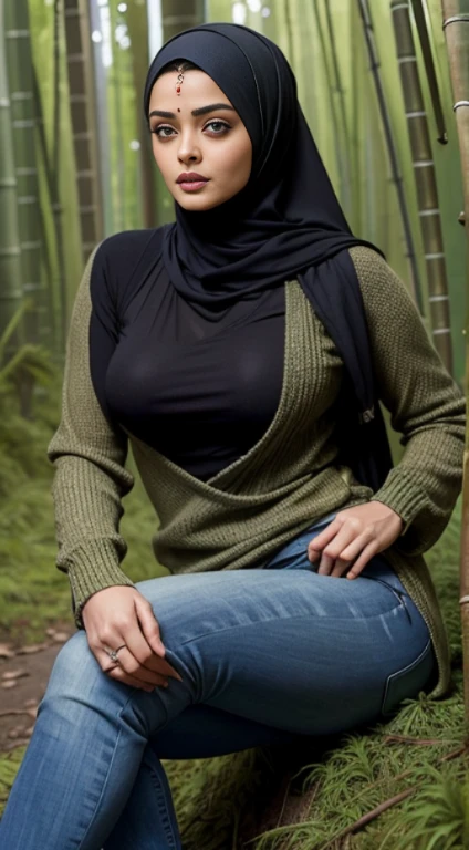 RAW, Best quality, high resolution, masterpiece: 1.3), Beautiful Aishwarya rai in hijab (iu:0.8),looking at viewert,Tight sweater,skintight jeans,photore, realisticlying, Best quality at best,massive cleavage,Detailed eyes,Sitting on the mossy ground in a bamboo forest, diffuselighting, depth of fields