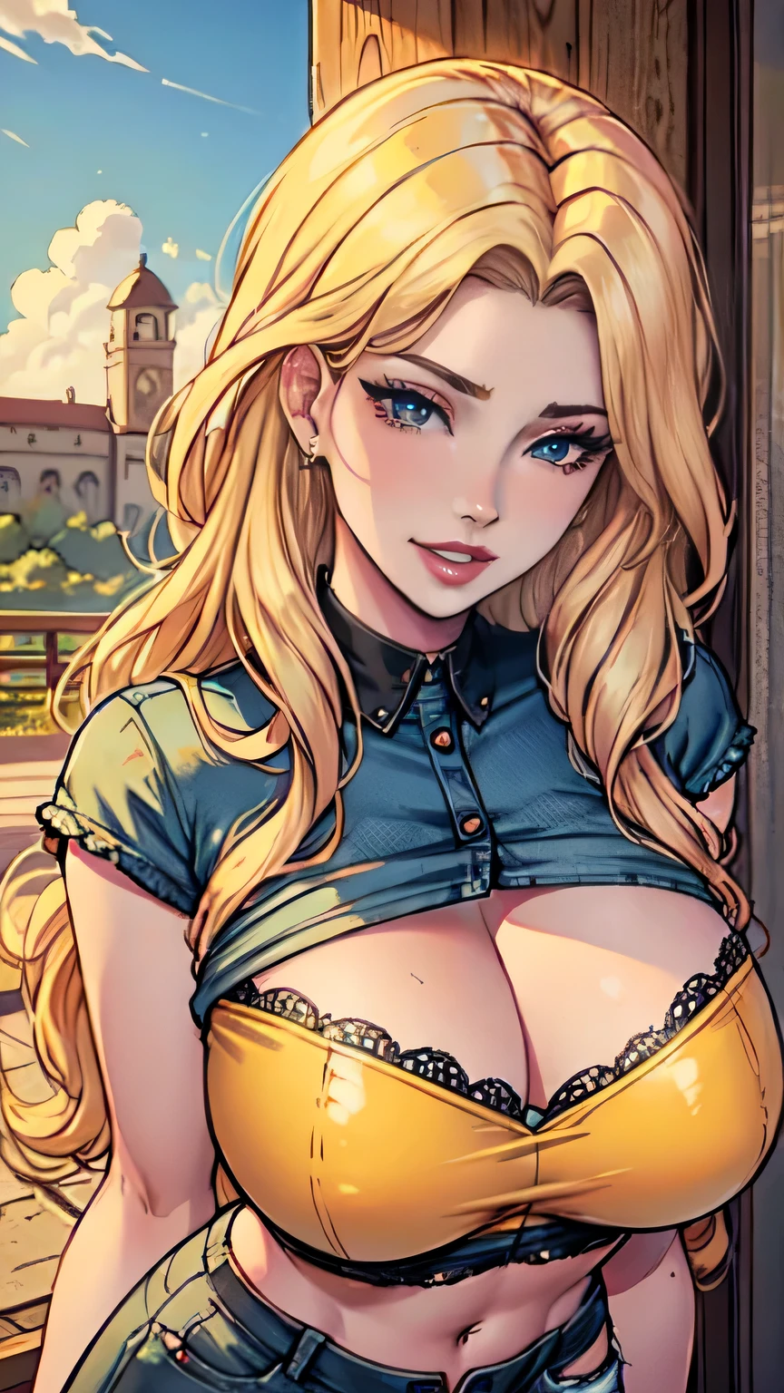 Masterpiece, beautiful art, professional artist, art style by sciamano240, very detailed face, very detailed hair, 1girl, perfectly drawn body, beautiful face, long hair, light blonde hair, very detailed blue eyes, pouty lips, rosey cheeks, intricate details in eyes, grin, looking straight at viewer, wearing denim shorts and yellow t-shirt top, in love with viewer expression, lipstick, outdoors scene, cowboy shot, cowboy_shot,