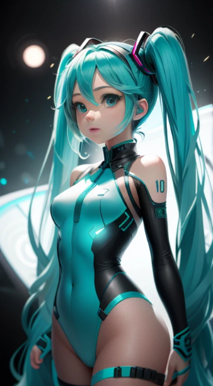 Hatsune Miku, white suit with blue and black, proportional figure, long cyan twintails, cyan eyes, Definition and sharpness of textures, Two-colored light, (stage background), (Highly detailed), (high resolution), (Best quality), (masterpiece)