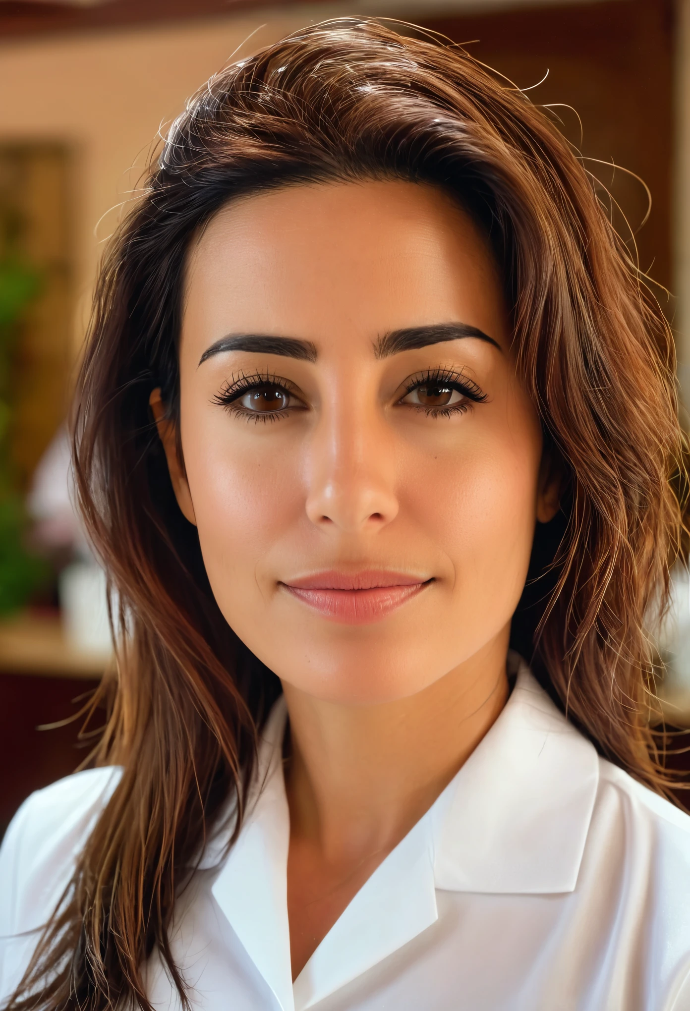 Create the image of a 33-year-old woman, con piel morena, Brown eyes, nariz ancha, piel con imperfecciones,shoulder length brown hair, where you can see that she is wearing a waitress uniform.