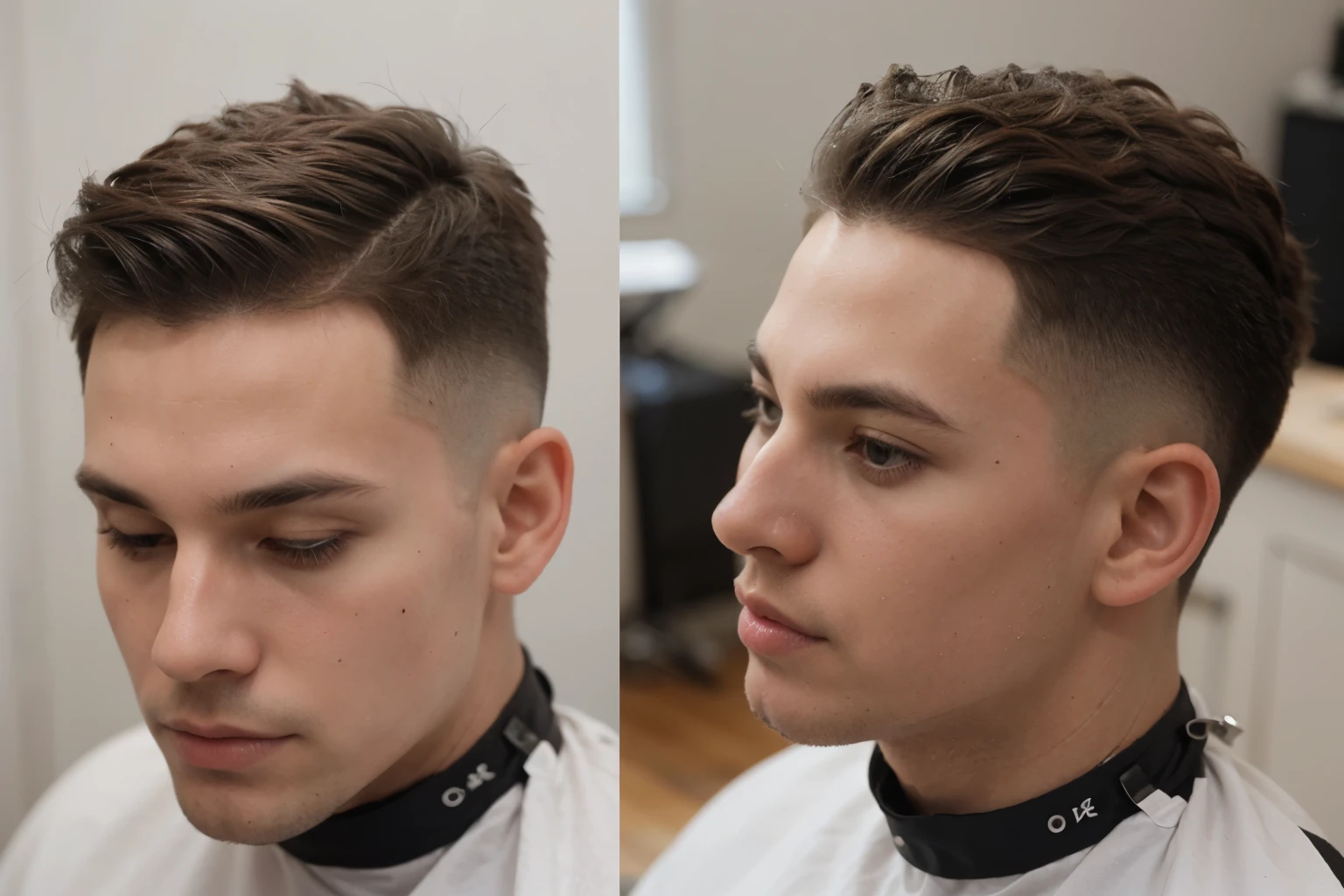8k, Men&#39;s haircut High fade on the sides and low fade in the back, Hair is wavy. show all angles of the head.
