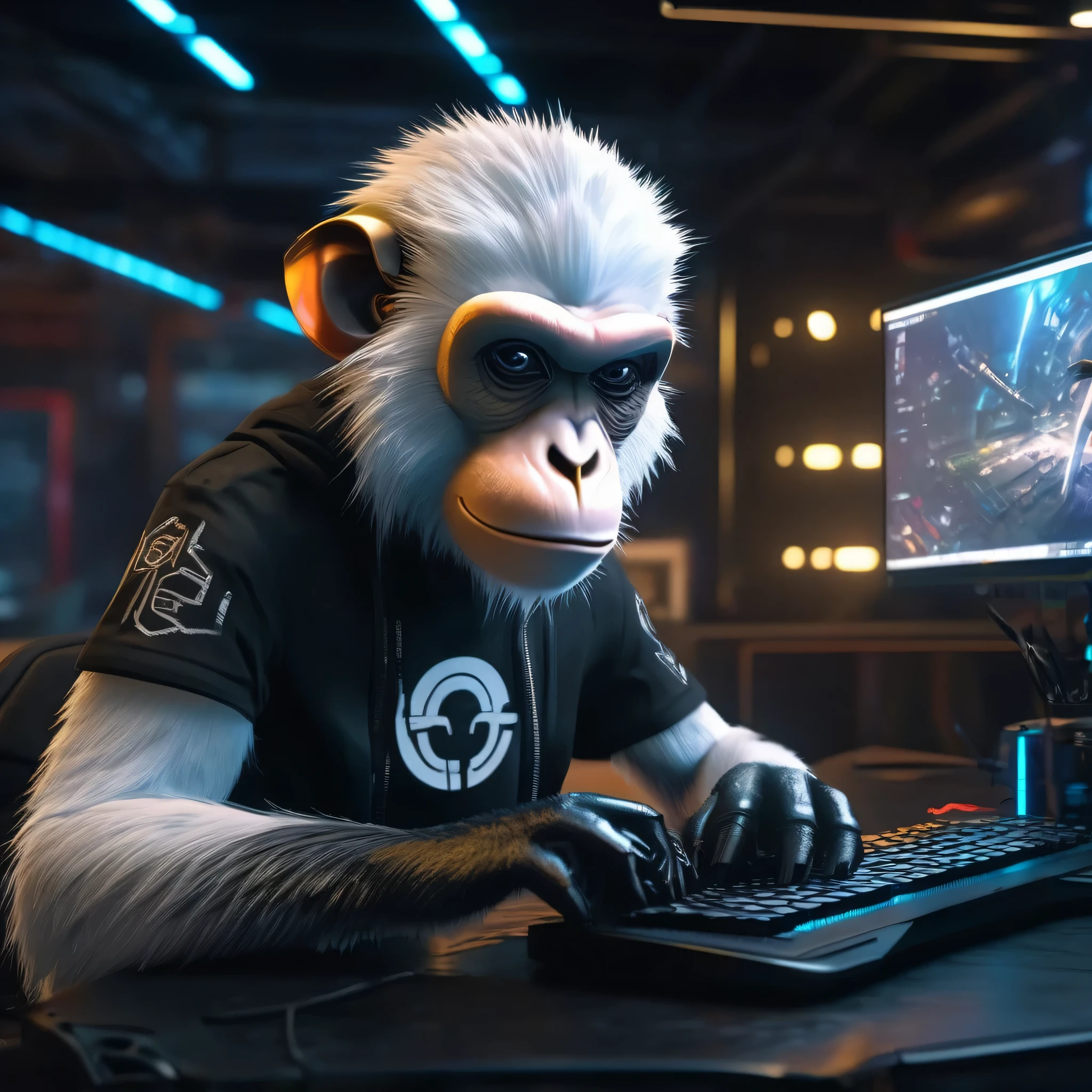 Ultra realistic photo, white monkey in black t-shirt sitting on table with a computer, hight-tech environment, indoor photo, pose typing on keyboard, looking to the camera, 8k, UHD, HDR, Unreal engine 5, super detailed, cinematic lights, masterpiece artwork, awards artwork, awards art, cyberpunk style.