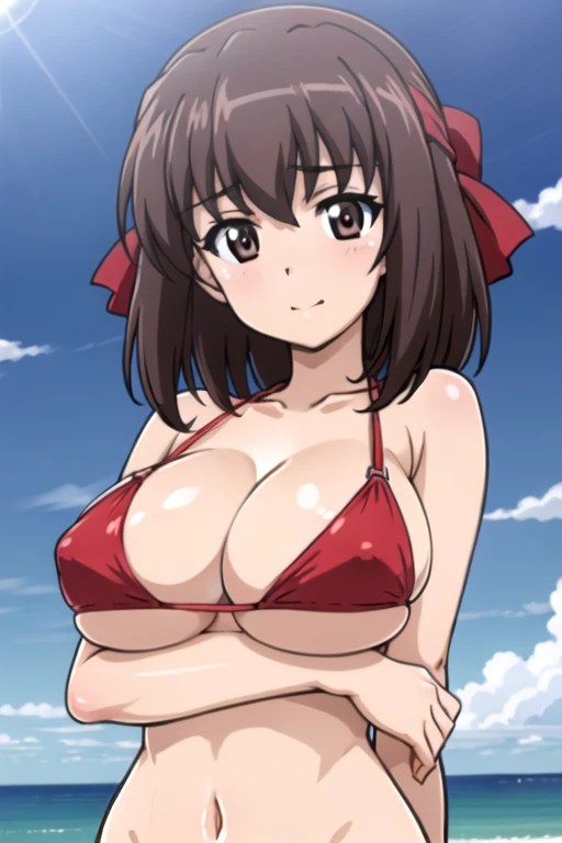 (anime cels style, best quality, high resolution, megami magazine, anime poster style, sharp, 8k, photorealistic), (beautiful eyes:1.2), (kondou_taeko:1.5, Girls und Panzer), 1girl, brown medium hair, brown eyes, (red headband under bangs), (large breast), (red bikini), upper body, (perfect detailed anatomy, beautiful face, perfect body, perfect arms, shiny skin), sunshine, bluesky