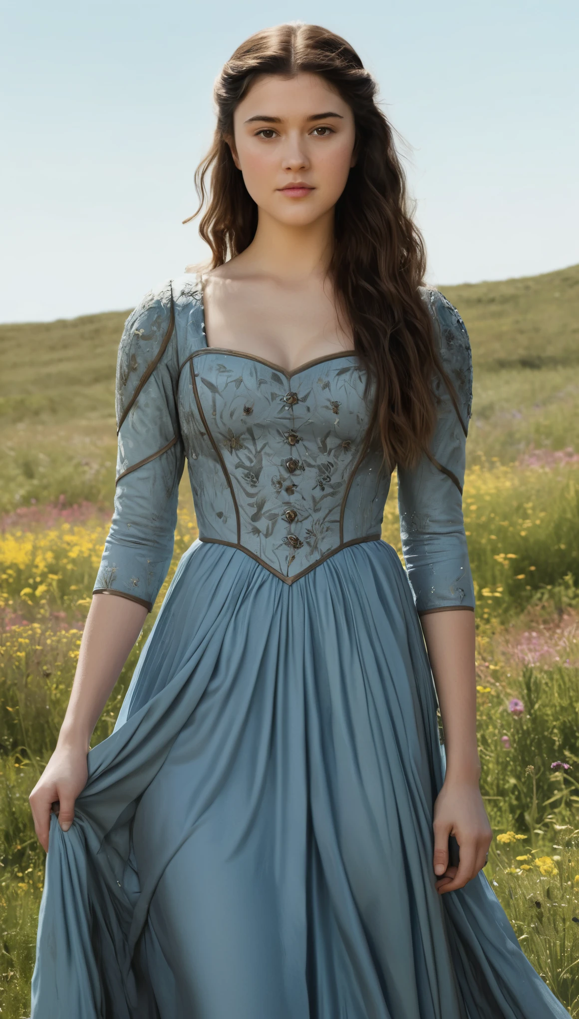 An illustrated movie poster, hand-drawn, full color, a Westerosi teen girl, wearing a long regal dress, resembles Mary Elizabeth Winstead, sun-tanned complexion, tall, athletic, hourglass figure, toned midriff, bottom-heavy, generous hips, massive bubble-butt, ridiculously thick powerful thighs, dark hair, long hair, waist-length hair, posing in a field of wildflowers, hard shadows, graphite shading, stencil marks, airbrushed acrylic paint, masterpiece, in the style of Game of Thrones