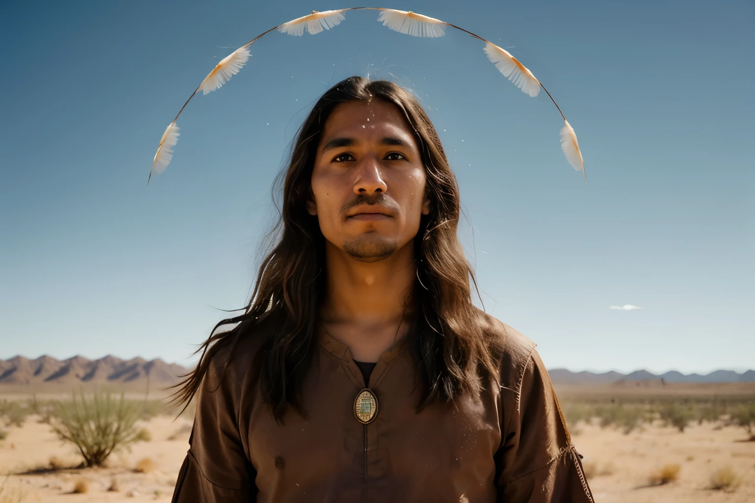 Imagine a portrait of a Native American man, captured in a 3x4 format, which exudes the mystical aura and deep, introspective wisdom of Carlos Castaneda's teachings. The subject stands against a backdrop that merges the ethereal with the tangible, where the desert meets the sky in a dance of colors and forms that seem to defy the ordinary boundaries of perception. His eyes, deep and penetrating, lock directly with the viewer, creating an unspoken communication that transcends words, embodying the essence of seeing beyond the visible.
His attire is a blend of traditional and ethereal elements, with feathers that seem to flutter in an unfelt breeze and jewelry that sparkles with a light of its own, suggesting not just a connection to the earth but to the unseen world. Around him, the air shimmers with the subtle presence of power animals and spirit guides, visible only as fleeting shadows or glimmers of light, hinting at the deeper layers of reality that his gaze invites us to explore.
The portrait is imbued with symbols and motifs that resonate with Castaneda's teachings: cacti that hint at the desert's harsh beauty and its secrets, the eagle that soars above, symbolizing freedom and the ability to see the broader perspective, and perhaps a faint outline of a coyote, the trickster, reminding us of the unpredictability of the path to knowledge.
This image invites the viewer into a moment of connection with the profound and the sacred, offering a visual narrative that is both an homage to and a direct encounter with the spiritual journey Castaneda described.