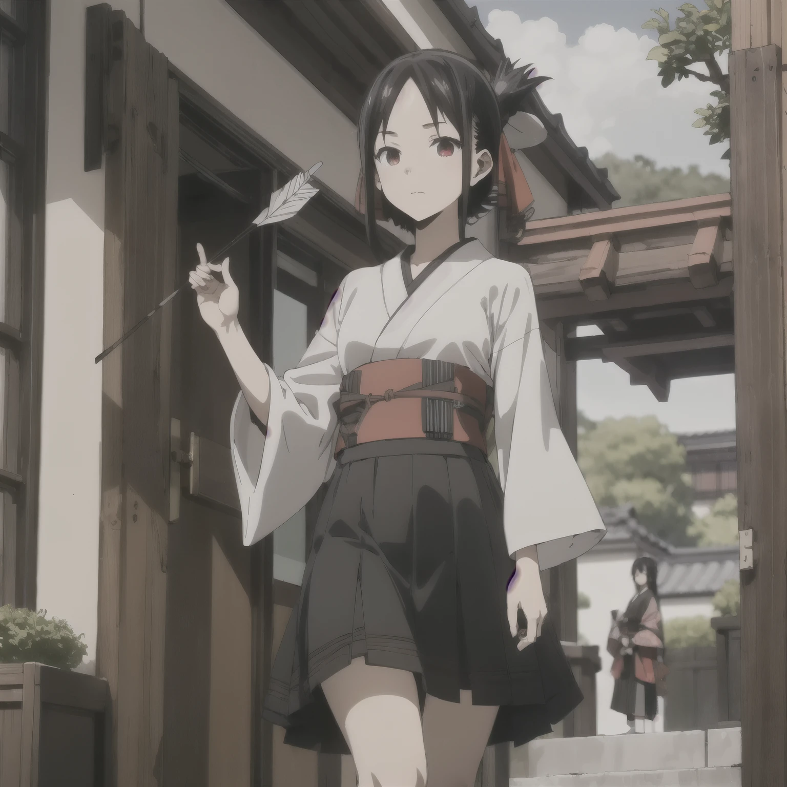 Shinomiya Kaguya,1 girl,
black hair,short hair,Red eyes,
Headbands,bow,arrow,kimono,short skirt,射arrow,Medieval Roman architecture,outdoor,bowarrow手,