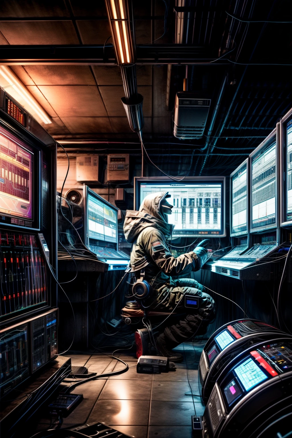 HERMIT : lonely hooded long jacket silhouette from side angle side angle side angle side angle side angle side angle side angle side angle in futuristic underground dark filled with machines and alien technology : every surface is filled with detailled modulators and machines, with screens, graphs and complex meters and visuals analysers, filled with details, wires on the walls, fallout wasteland dystopian technology, dozens of machines looking like synths and complex modulators with rows of buttons and controls, next to lots of graphics and scientific visual representations