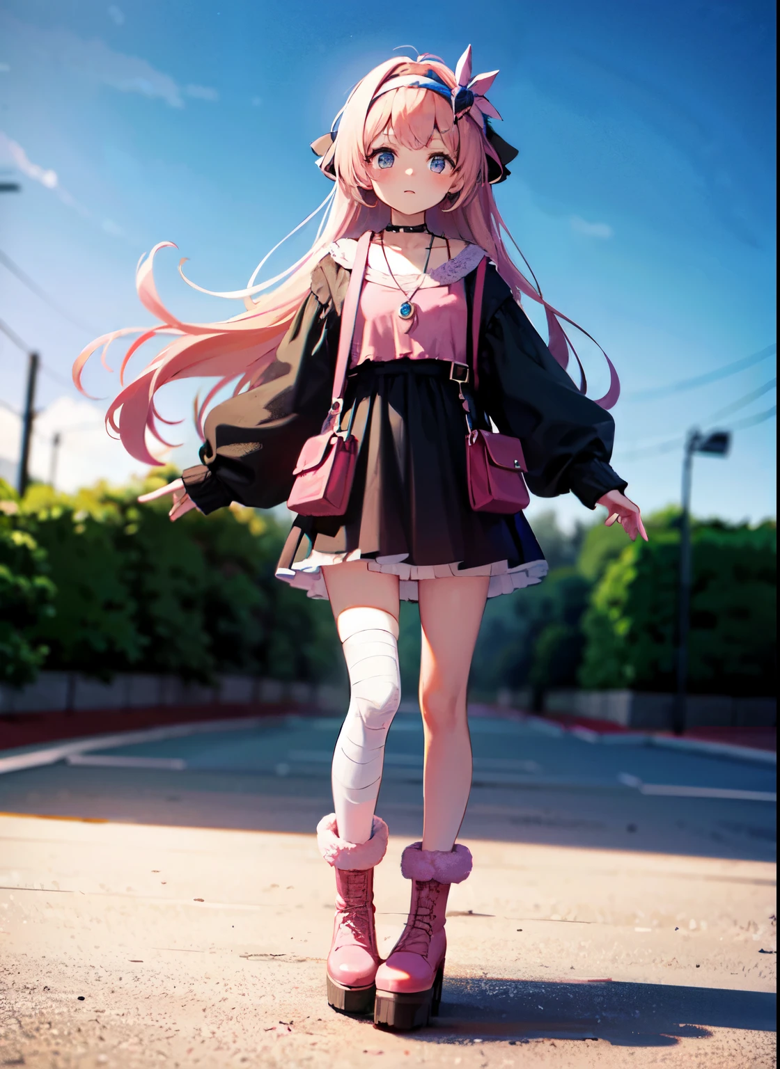 (masterpiece:1.2), (best quality:1.4), cute quality, cowboy shot, reflection, nice environment, full body, yami kawaii, (cute pink boots), platform footwear, (cute pink boots), decora, cute fashion, sleeves past fingers, sleeves past wrists, hair ornaments, multiple hair bows, hairband, bandages, sticker on face, absurdly long hair, bandaged leg, necklace,  leg warmers, pink bag, girly fashion, popcore, kidcore,