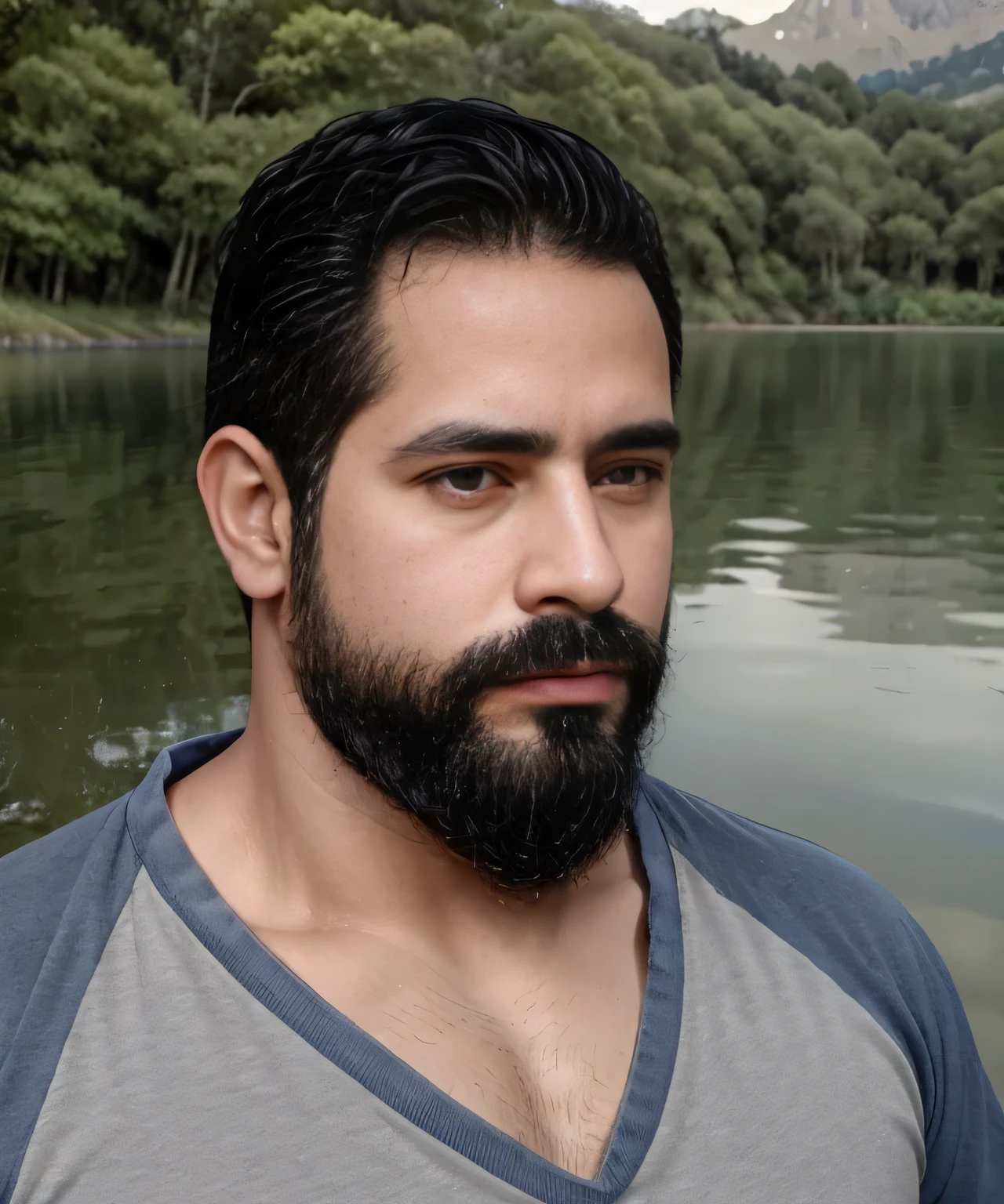 Primer plano, Hombre con barba y camisa negra parado en la orilla de un lago, muy hermoso. Super polished and cool, plano medio de un guapo