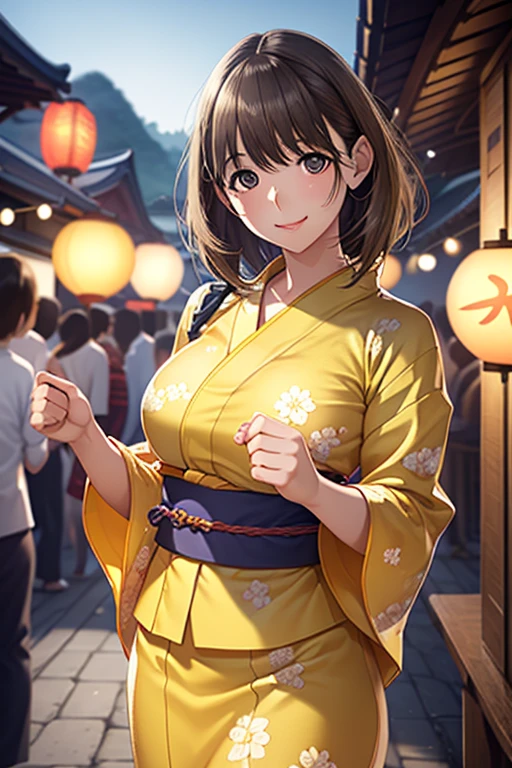 highest quality, realistic, Wallpaper CG with excellent detail Unity 8,000, Depth of the bounds written, cinematic light, Lens flare, ray tracing, (very beautiful face, beautiful lips, beautiful eyes), face with intricate details, ((Very clear and natural skin)),
Slender beauty、brown hair、short hair、(vivid yellow yukata:1.3)、floral pattern yukata、Summer festival、It's crowded with many people.、Food stalls line、Shrine precincts、beautiful breasts、big smile、Playing with a yo-yo、sexy pose、near sky、rise rapidly、walk