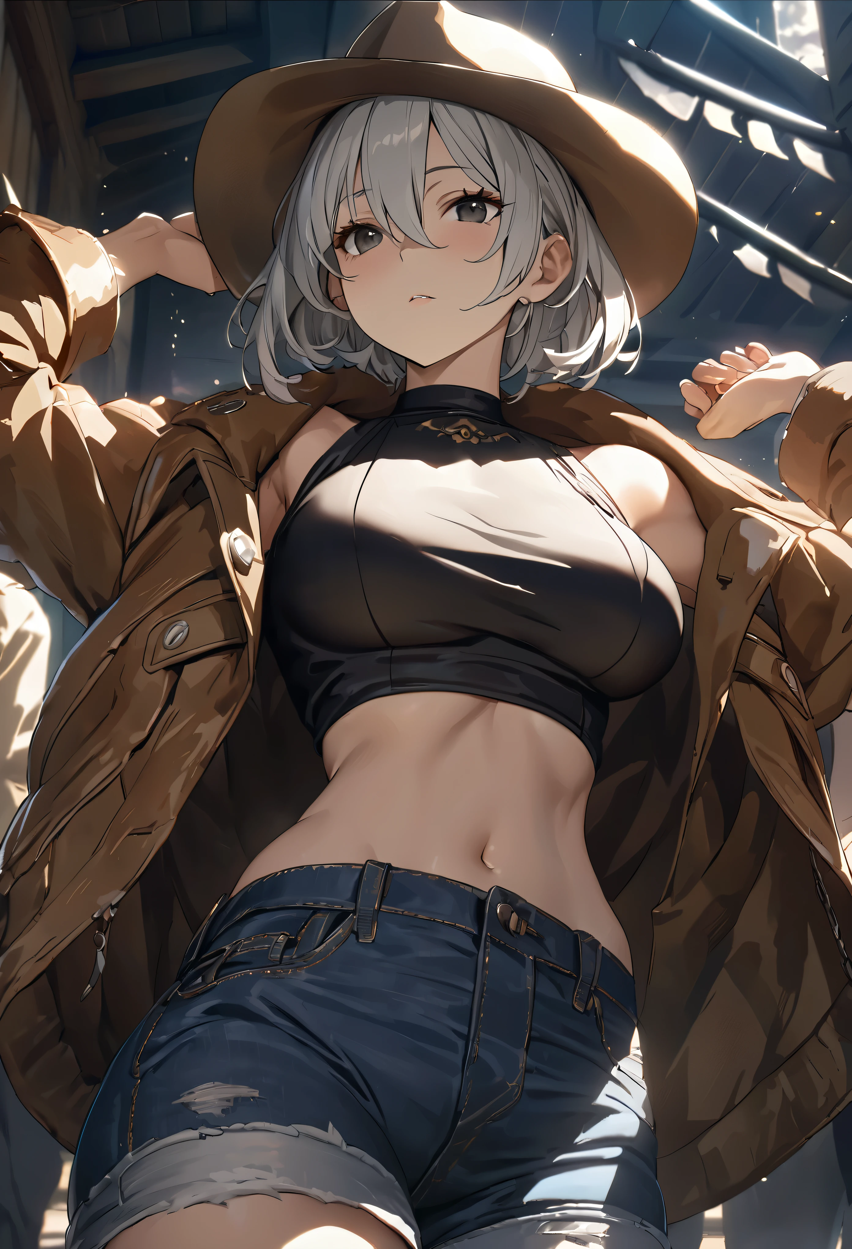 ((solo)), (woman), black eyes, silver hair, short hair, (sculpted body), medium-big breasts, thick, (20 year old), close up of a person on a village during the night detailed key anime art, acheron, casimir art, masamune shiro, masamune, beautiful woman in demon slayer art,, heise jinyao, shadowverse style, (no logos), jeans shorts, crop-top shirt, jeans jacket, cowboy hat, eye reflection, depth of field, cinematic lighting, ray tracing, depth of field, cinematic lighting, ray tracing, UHD, high details, best quality, highres, high quality, award winning, super detail, masterpiece, 8k, UHD, high details, best quality, highres, high quality, award winning, super detail, masterpiece, 8k
