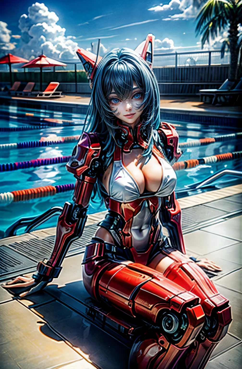 hyper quality、8K quality、High resolution、Image quality taken with a single-lens reflex camera、(SFW)、perfect anatomy、(Crimson theme)tragic mecha girl、A beautiful 20-year-old girl with medium-length blue hair.brown eyes(smile:1.5)(Good shape and normal breasts、cleavage:1.2)、(White Bikini Swimsuit:1.2)BREAK(The arms below the elbows and the legs below the knees are three-dimensional mechanical parts.)BREAK(perfect anatomy:1.4)(sitting:1.2)BREAK(Sunny skies and some clouds)(Poolside resort:1.5)