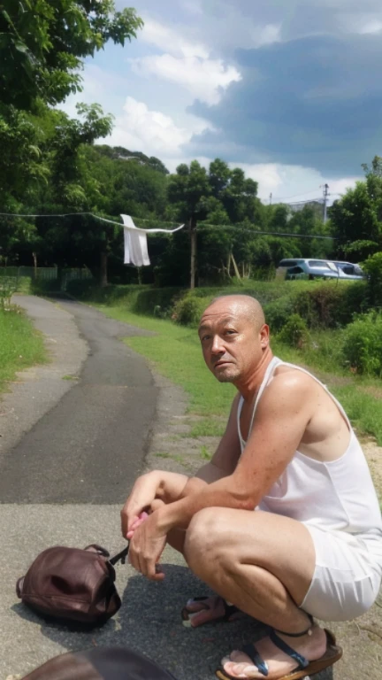 high quality,masterpiece, cowboy shot, 1 person,field,at the park,dark,evening, Front view,public indecency, (looking at the viewer,60歳male性、male,Bald,Japanese,white tank top,geta,whites fundoshi, sweat vapor,embarrassing,open mouth,squat),Women's stories