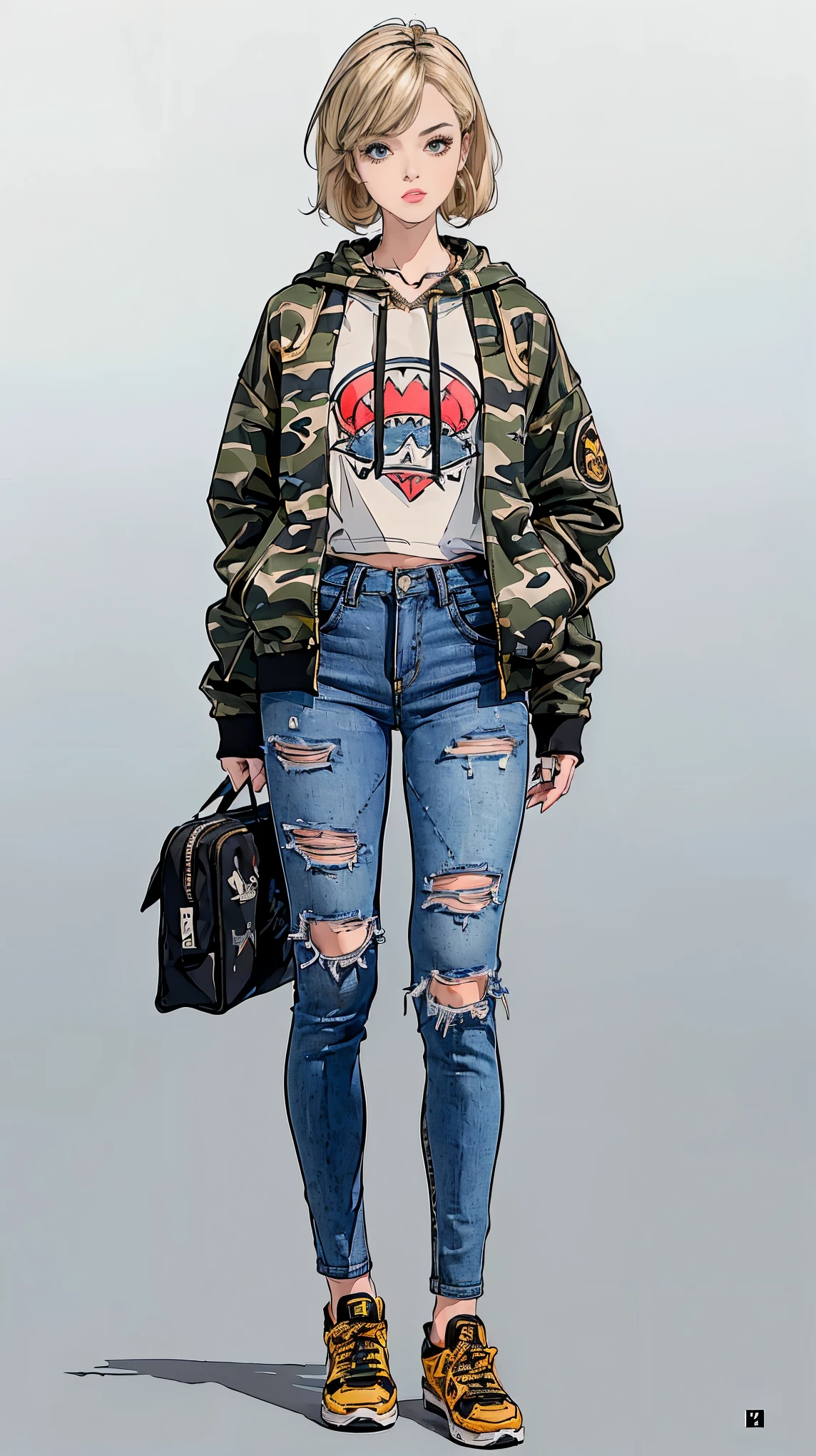((best quality,4k,highres,masterpiece:1.2)),((character concept art)), 1 female, age 17. She's dressed in a streetwear ensemble by A Bathing Ape. (((She's wearing the brand's iconic Camo T-Shirt, paired with high-waisted, belted denim jeans. A Bathing Ape's distinctive Full Zip Hoodie, featuring a shark face or the brand's logo on the hood, completes the outfit.))) Switching up her footwear for a more urban look, she sports a pair of Bapesta Sneakers, known for their star logo and wide array of colorways. ((Her blonde hair is neatly tied back. Her accessories include an ISSEY MIYAKE Bao Bao Prism Crossbody Bag and a stylish Hermes enamel bangle)). Her style exudes an air of effortless sophistication with a streetwear twist. ((intricate detail)), super finely detailed hands, ultra finely detailed fingers(((ten fingers))), (standing casually), (full body showcase), (show full body), (no logos on background), (no logo), ((plain background)), ((plain background)), (((empty background))).