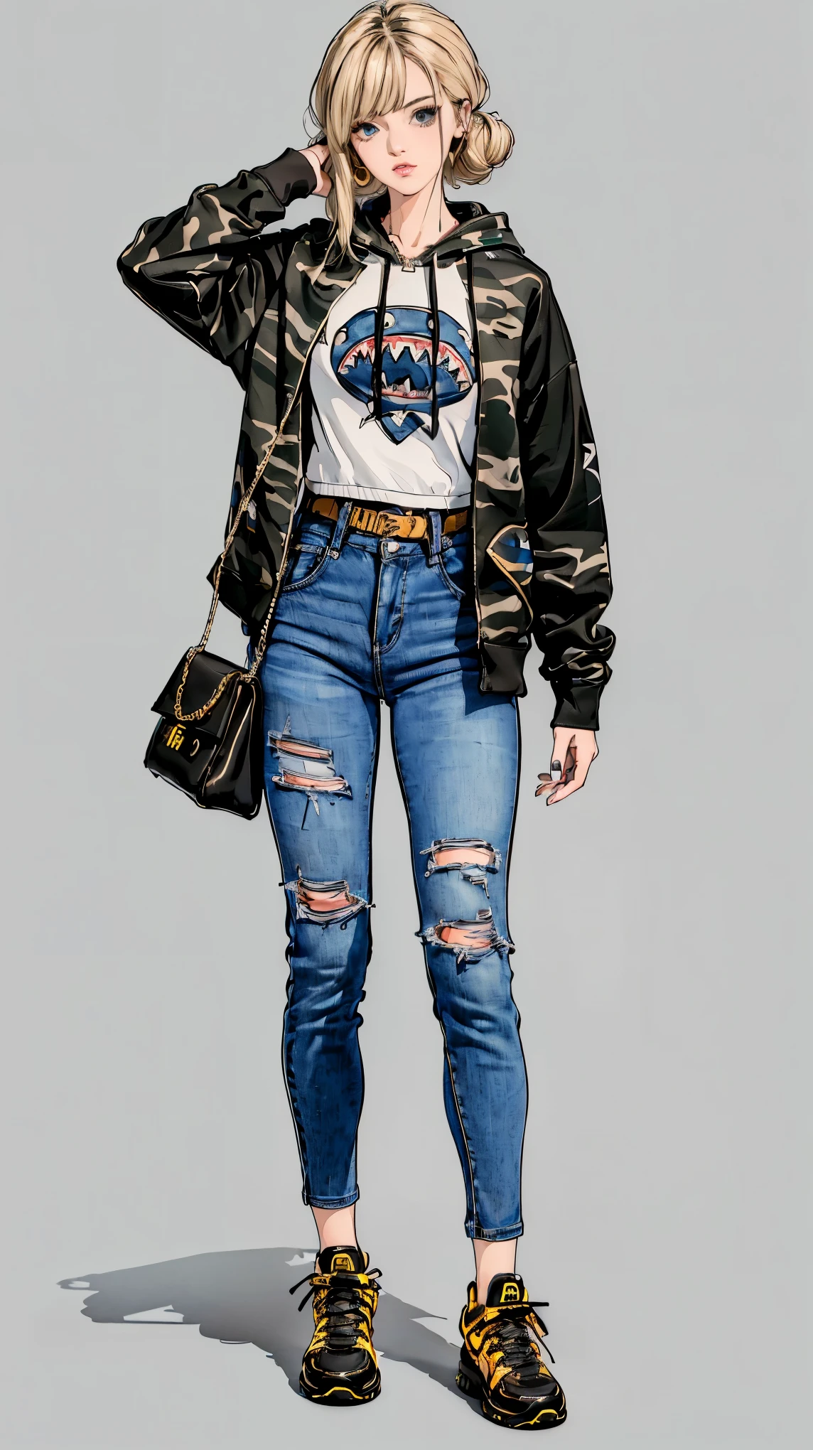 ((best quality,4k,highres,masterpiece:1.2)),((character concept art)), 1 female, age 17. She's dressed in a streetwear ensemble by A Bathing Ape. (((She's wearing the brand's iconic Camo T-Shirt, paired with high-waisted, belted denim jeans. A Bathing Ape's distinctive Full Zip Hoodie, featuring a shark face or the brand's logo on the hood, completes the outfit.))) Switching up her footwear for a more urban look, she sports a pair of Bapesta Sneakers, known for their star logo and wide array of colorways. ((Her blonde hair is neatly tied back. Her accessories include an ISSEY MIYAKE Bao Bao Prism Crossbody Bag and a stylish Hermes enamel bangle)). Her style exudes an air of effortless sophistication with a streetwear twist. ((intricate detail)), super finely detailed hands, ultra finely detailed fingers(((ten fingers))), (standing casually), (full body showcase), (show full body), (no logos on background), (no logo), ((plain background)), ((plain background)), (((empty background))).