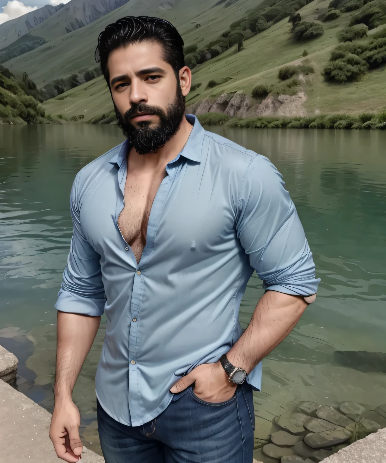 Parte superior del cuerpo, Hombre con barba y camisa (estilo y color aleatorios), parado en la orilla de un lago, muy hermoso. Super polished and cool, plano medio de un guapo