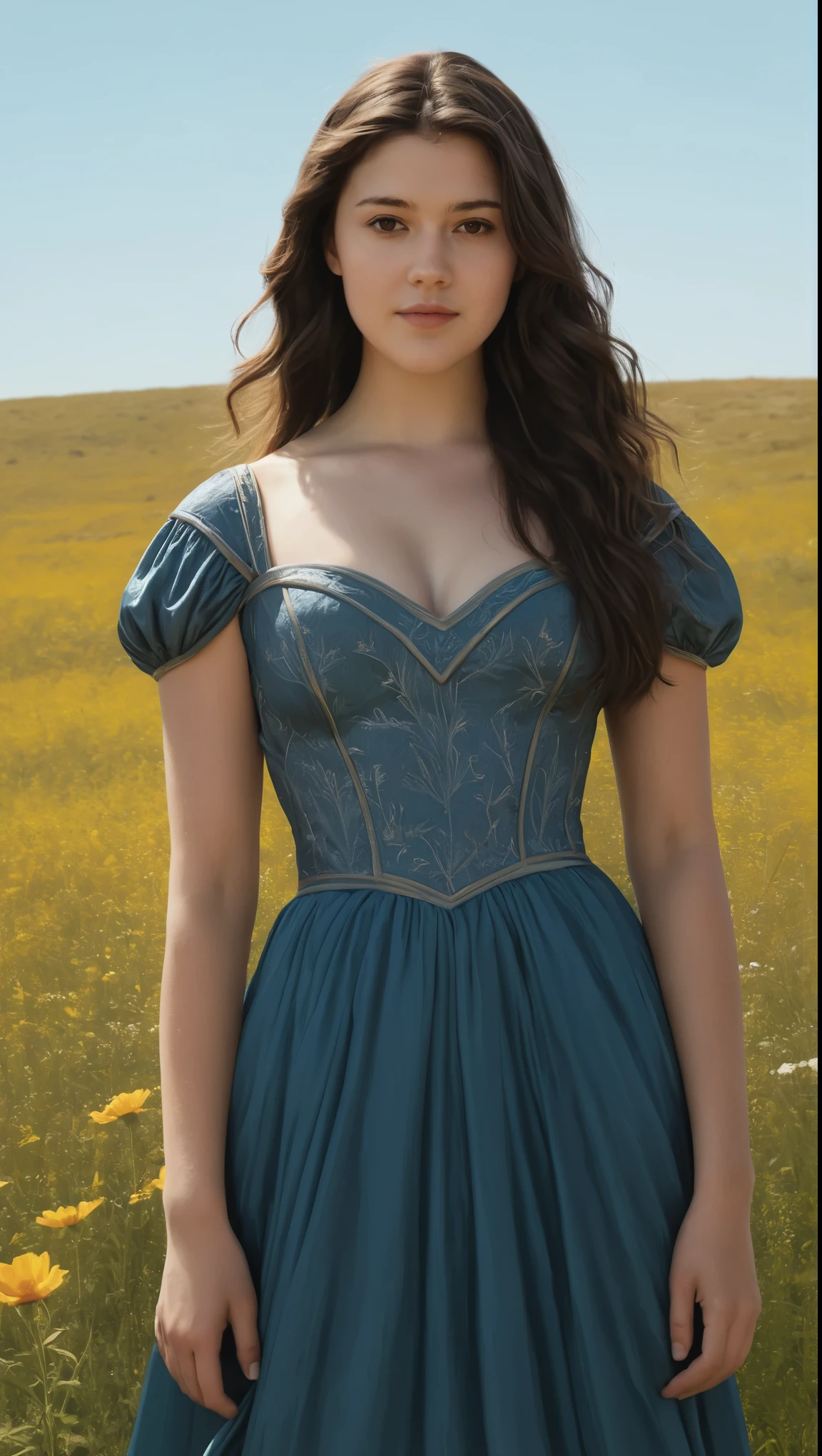 An illustrated movie poster, hand-drawn, full color, a Westerosi teen girl, wearing a long regal dress, resembles Mary Elizabeth Winstead, sun-tanned complexion, tall, athletic, hourglass figure, toned midriff, bottom-heavy, generous hips, massive bubble-butt, ridiculously thick powerful thighs, dark hair, long hair, waist-length hair, posing in a field of wildflowers, hard shadows, graphite shading, stencil marks, airbrushed acrylic paint, masterpiece, in the style of Game of Thrones