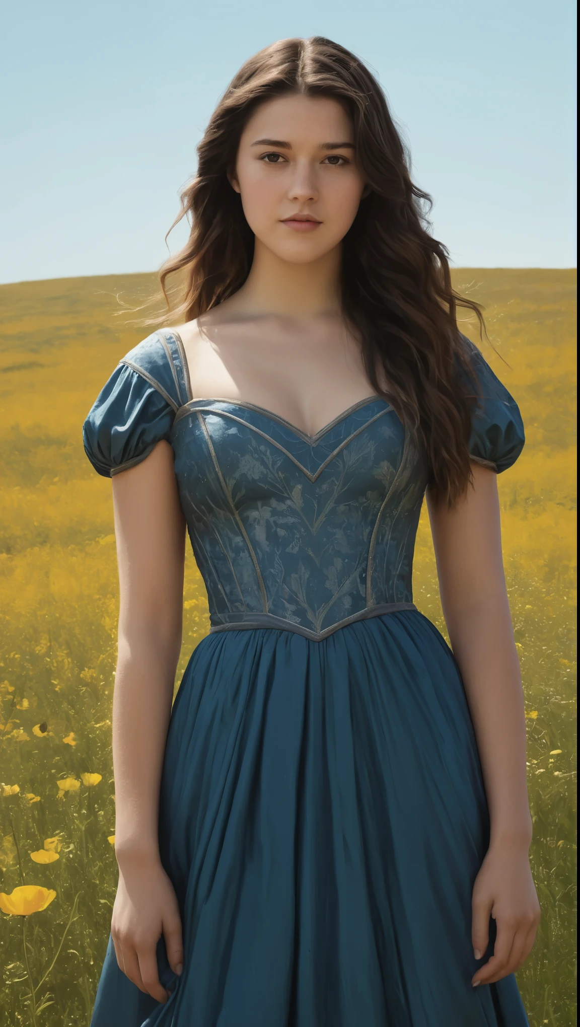 An illustrated movie poster, hand-drawn, full color, a Westerosi teen girl, wearing a long regal dress, resembles Mary Elizabeth Winstead, sun-tanned complexion, tall, athletic, hourglass figure, toned midriff, bottom-heavy, generous hips, massive bubble-butt, ridiculously thick powerful thighs, dark hair, long hair, waist-length hair, posing in a field of wildflowers, hard shadows, graphite shading, stencil marks, airbrushed acrylic paint, masterpiece, in the style of Game of Thrones