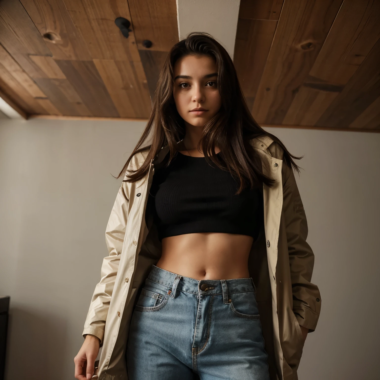 Uma mulher de 15 anos com roupa de nada, jaqueta _preta, calcinha.