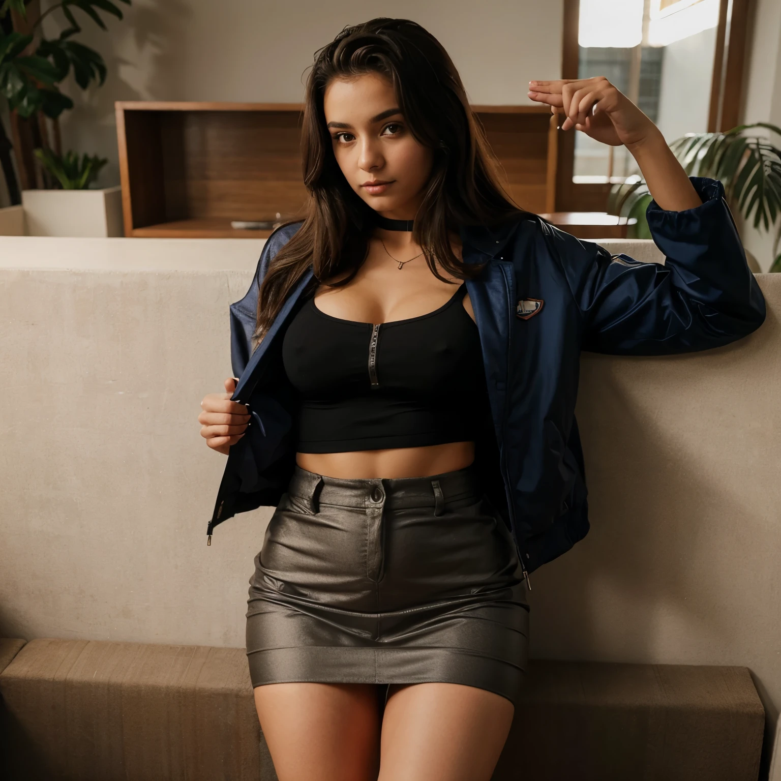 Uma mulher de 15 anos com roupa de nada, jaqueta _preta, calcinha.