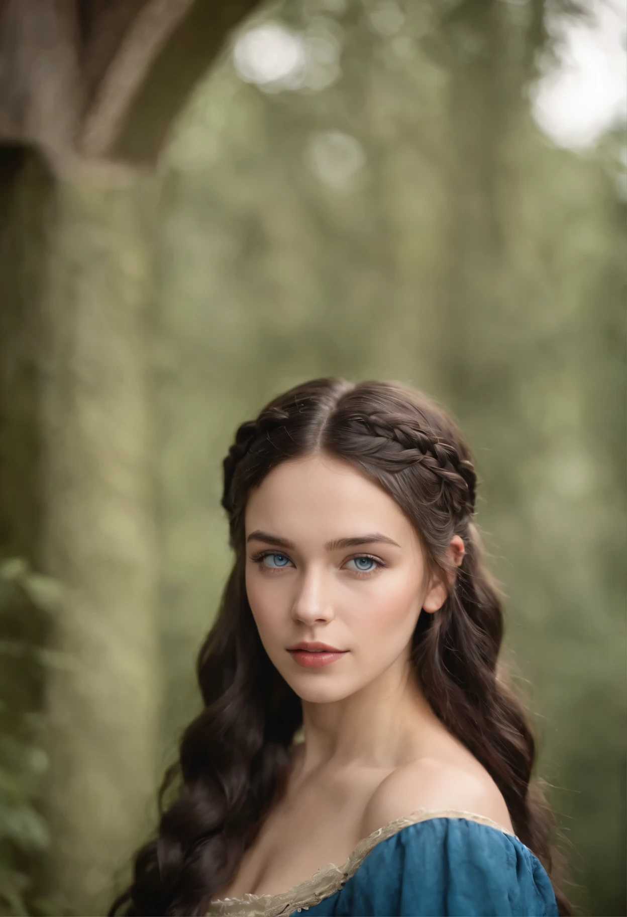 fair complexion, woman around 19 years old, oval face shape ,natural black hair with braids, distinctive Caribbean blue eyes, slender and graceful, beautiful, candlelight in a medieval setting, ultra sharp focus, realistic shot, medieval female clothes, tetradic colors (scar:1.4)