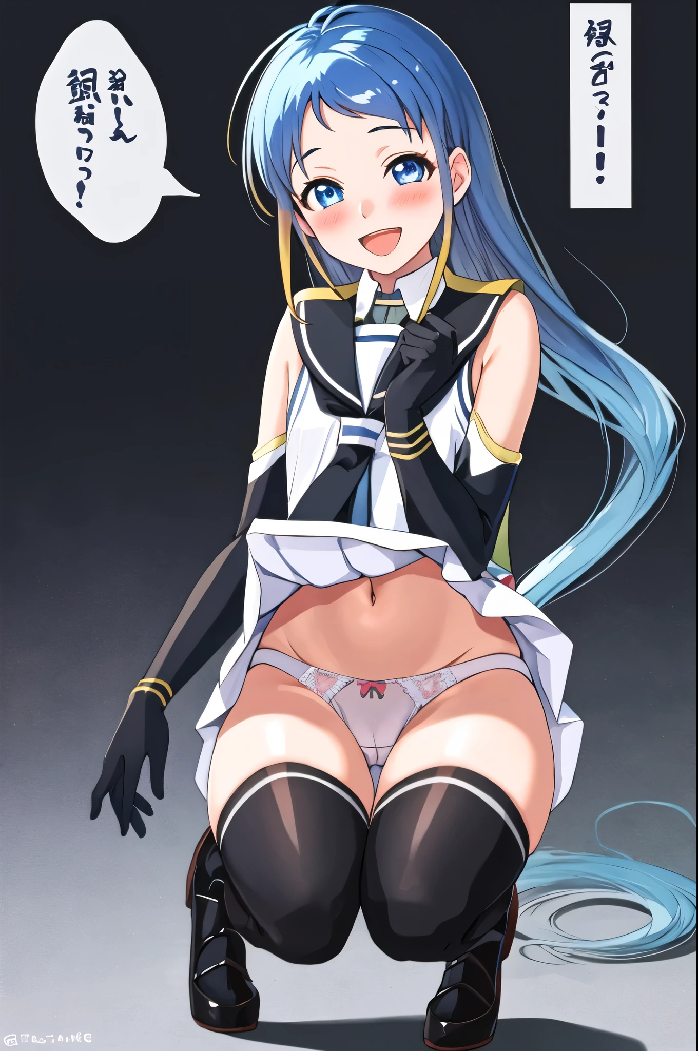 highest quality, masterpiece, High resolution, 一人in, {samidare_Fleet Collection:1.15}, (青hair), 長いhair, blue eyes, とても長いhair, 前hair, serafuku, sweep_前hair, sleeveless, smile, slope_hair, Open_mouth, blush, colorful_hair, 1 girl, elbow_gloves, gloves, looking for_in_viewer, School_uniform, Thighhighs, black_Thighhighs, skirt lift, panties, good, white underwear, flashy underwear, classroom background, squat,,((NSFW))