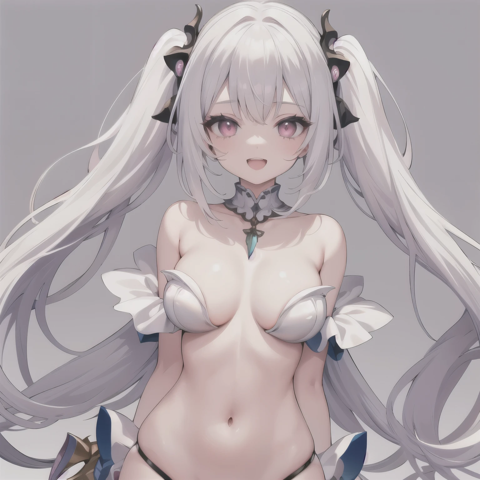 bridgeless bra, 1girl, solo, monster girl, breasts, long hair, navel, twintails, mermaid, open mouth, white background, smile, simple background, :d, looking at viewer, bare shoulders, medium breasts, scales, white hair, pink eyes, crown, cleavage,
