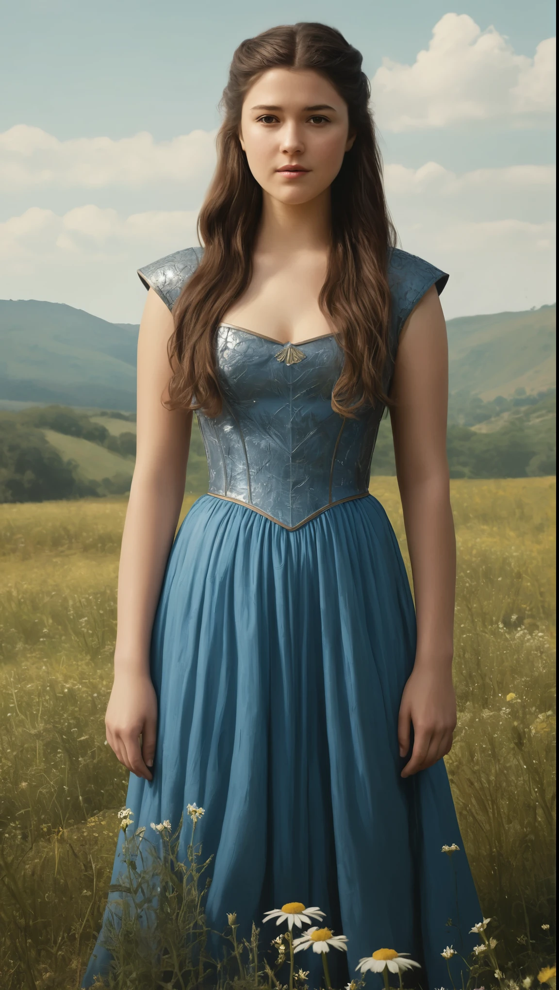 An illustrated movie poster, hand-drawn, full color, a Westerosi girl, wearing a long regal dress, resembles Mary Elizabeth Winstead, sun-tanned complexion, tall, athletic, hourglass figure, toned midriff, bottom-heavy, generous hips, massive bubble-butt, ridiculously thick powerful thighs, dark hair, long hair, waist-length hair, posing in a field of wildflowers, hard shadows, graphite shading, stencil marks, airbrushed acrylic paint, masterpiece, in the style of Game of Thrones