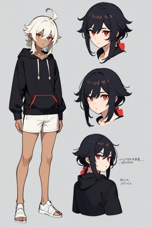 Create me genshin impact oc character design give him brown skin, red eyes and white hair in dreadlocks, have him wear a typical black hoodie