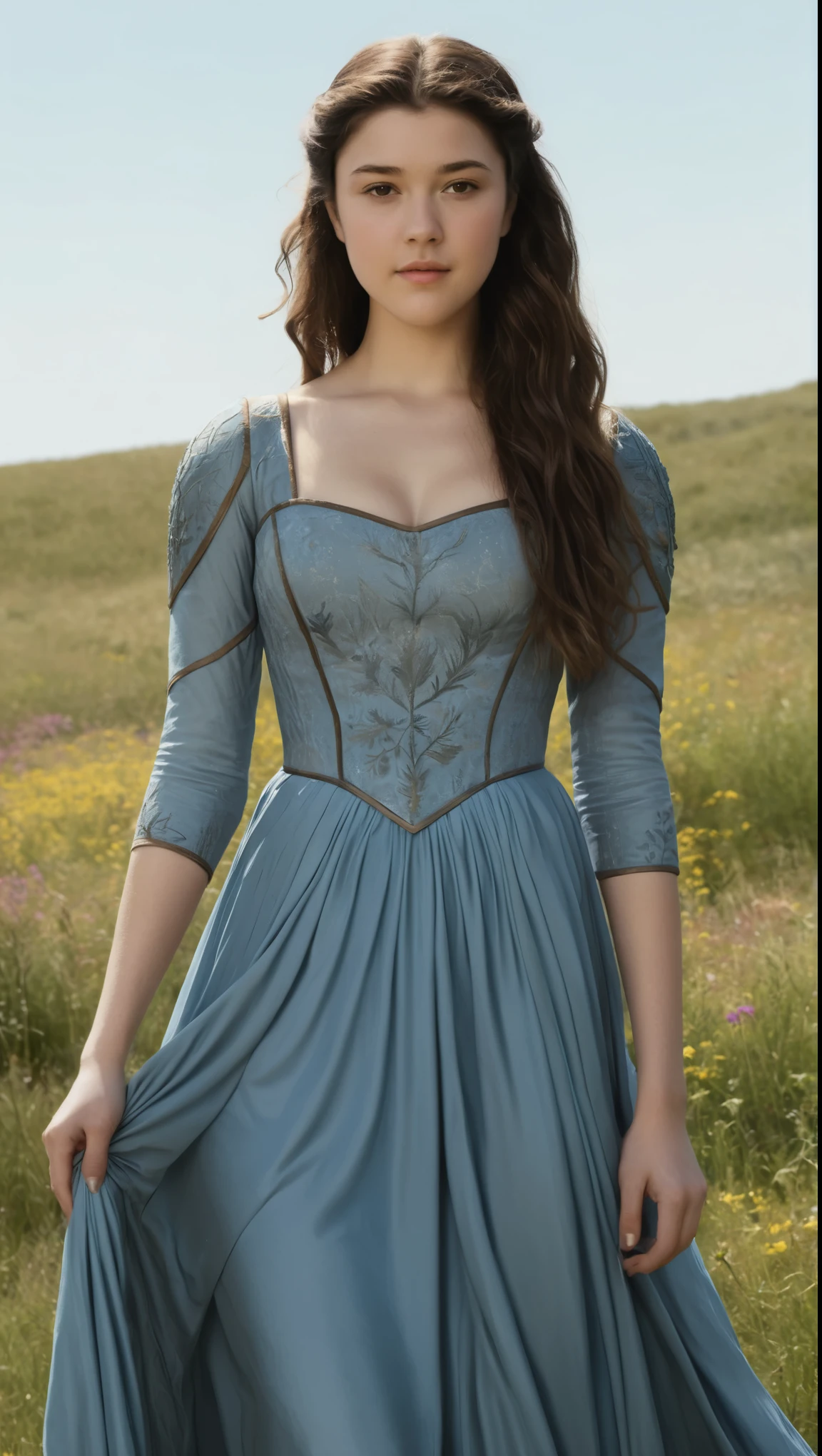 An illustrated movie poster, hand-drawn, full color, a Westerosi teen girl, wearing a long regal dress, resembles Mary Elizabeth Winstead, sun-tanned complexion, tall, athletic, hourglass figure, toned midriff, bottom-heavy, generous hips, massive bubble-butt, ridiculously thick powerful thighs, dark hair, long hair, waist-length hair, posing in a field of wildflowers, hard shadows, graphite shading, stencil marks, airbrushed acrylic paint, masterpiece, in the style of Game of Thrones 