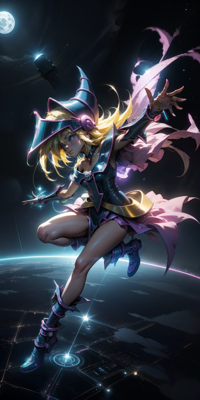 Mujer preciosa dark magician girl ( neon cyberpunk ), The neon sings, neon lighting, RTX chica maga oscura iluminando volando en el aire. Encima de la ciudad a media noches. Luna llena. Cielos de estrellas. Mago oscuro volando