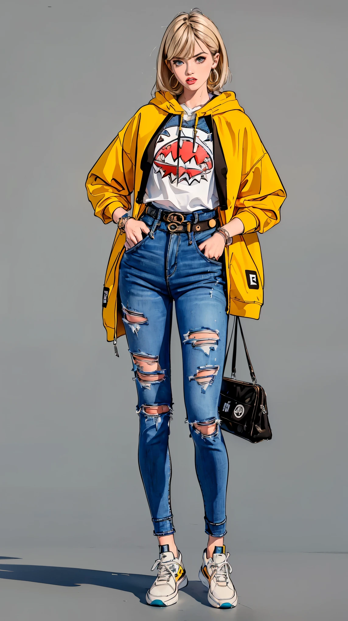 ((best quality,4k,highres,masterpiece:1.2)),((character concept art)), 1 female, age 17. She's dressed in a streetwear ensemble by A Bathing Ape. (((She's wearing the brand's iconic Camo T-Shirt, paired with high-waisted, belted denim jeans. A Bathing Ape's distinctive Full Zip Hoodie, featuring a shark face or the brand's logo on the hood, completes the outfit.))) Switching up her footwear for a more urban look, she sports a pair of Bapesta Sneakers, known for their star logo and wide array of colorways. ((Her blonde hair is neatly tied back. Her accessories include an ISSEY MIYAKE Bao Bao Prism Crossbody Bag and a stylish Hermes enamel bangle)). Her style exudes an air of effortless sophistication with a streetwear twist. ((intricate detail)), super finely detailed hands, ultra finely detailed fingers(((ten fingers))), (standing casually), (full body showcase), (show full body), (no logos on background), (no logo), ((plain background)), ((plain background)), (((empty background))).